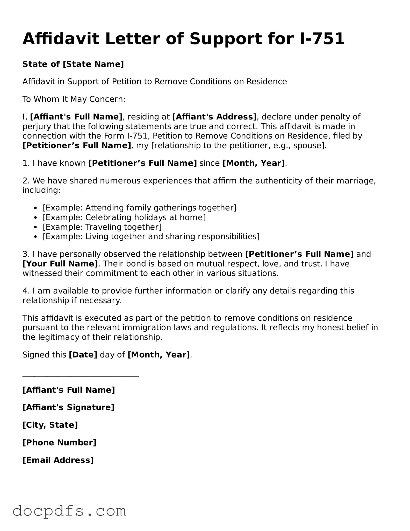Legal Affidavit Letter of Support for I-751 Document