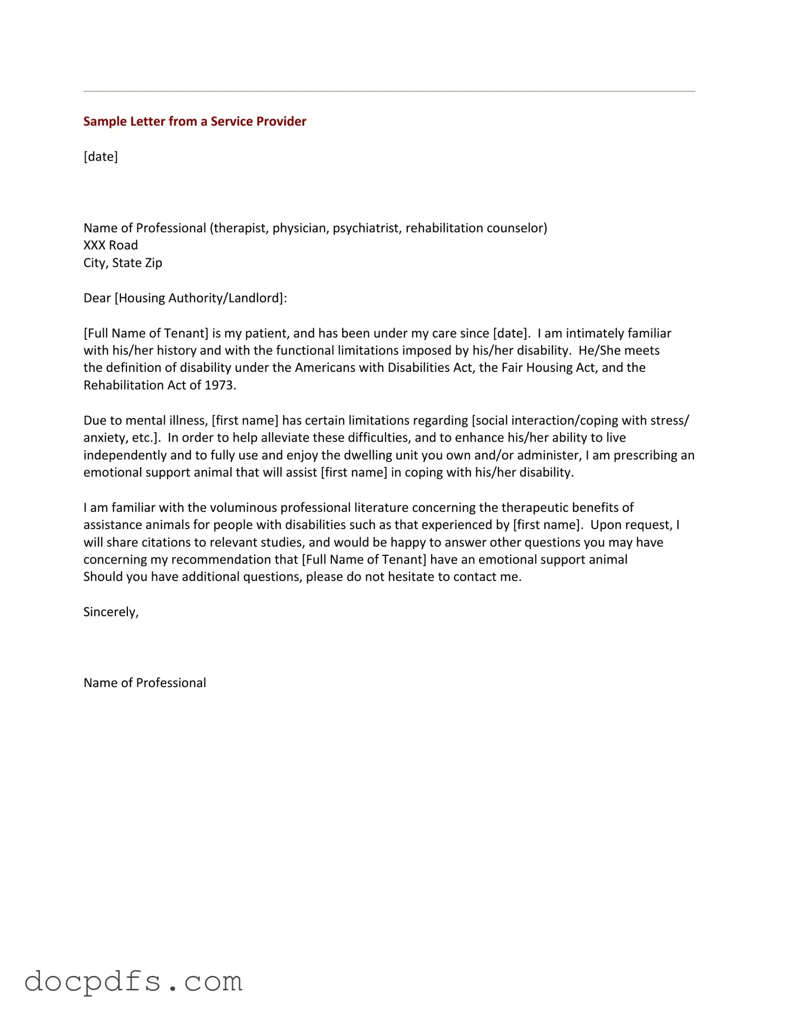 Emotional Support Animal Letter Template in PDF