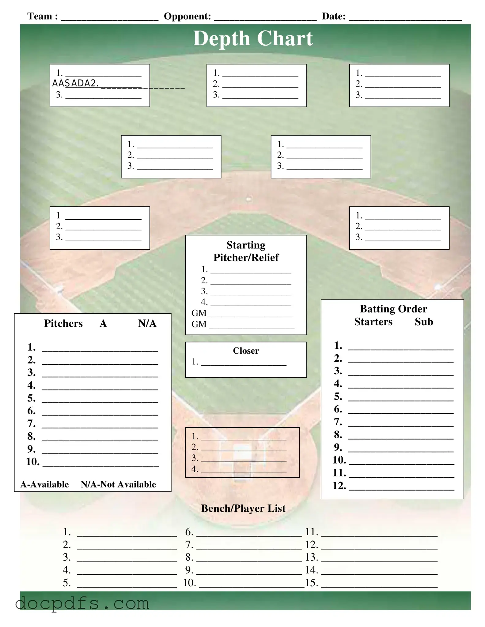 Baseball Field Lineup Template in PDF