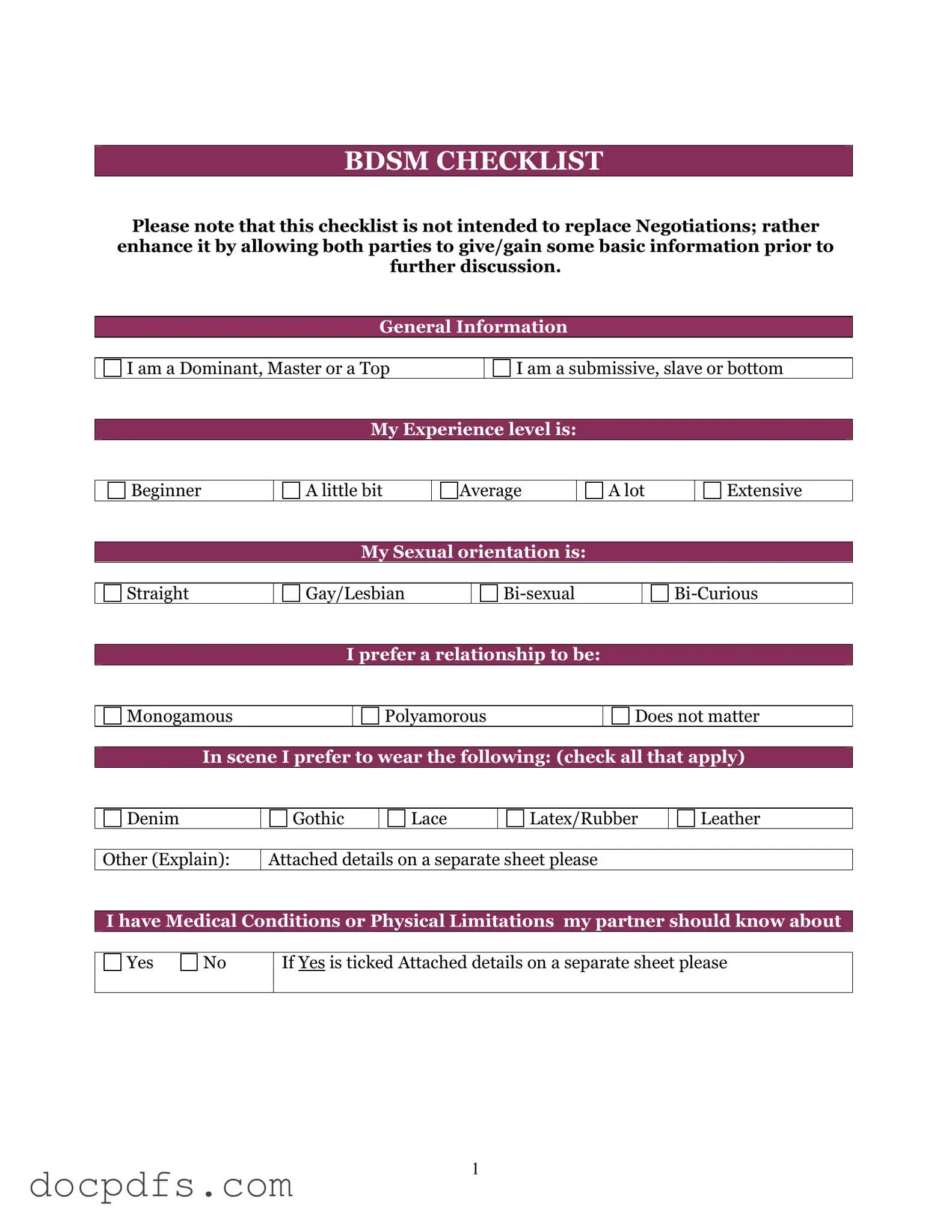 Bdsm Checklist Template in PDF