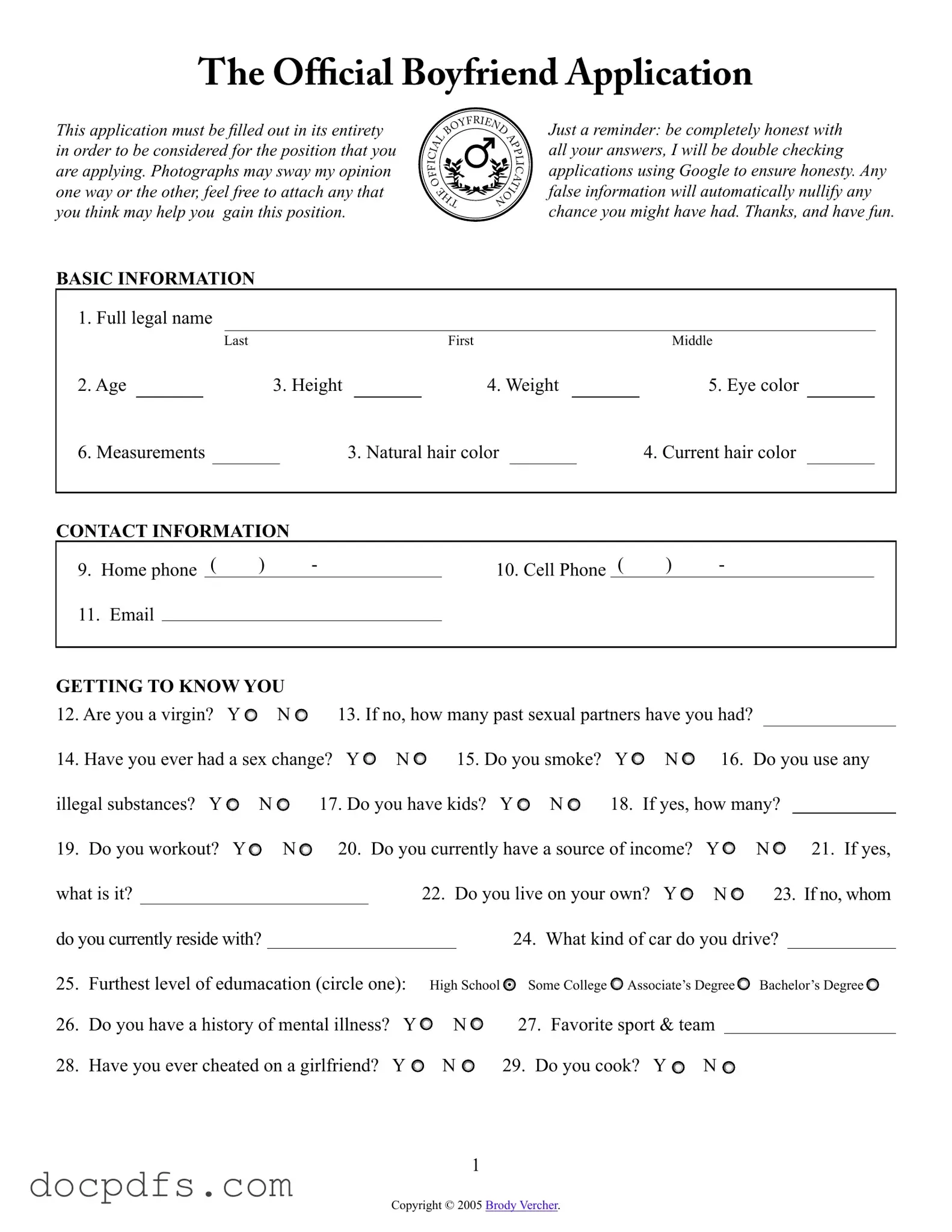 Boyfriend application form Template in PDF