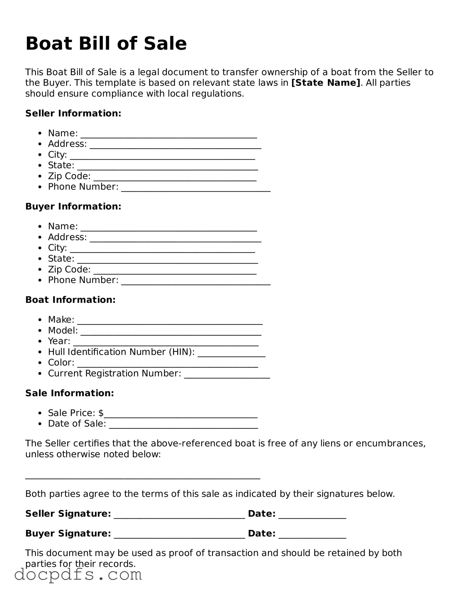 Legal Boat Bill of Sale Document