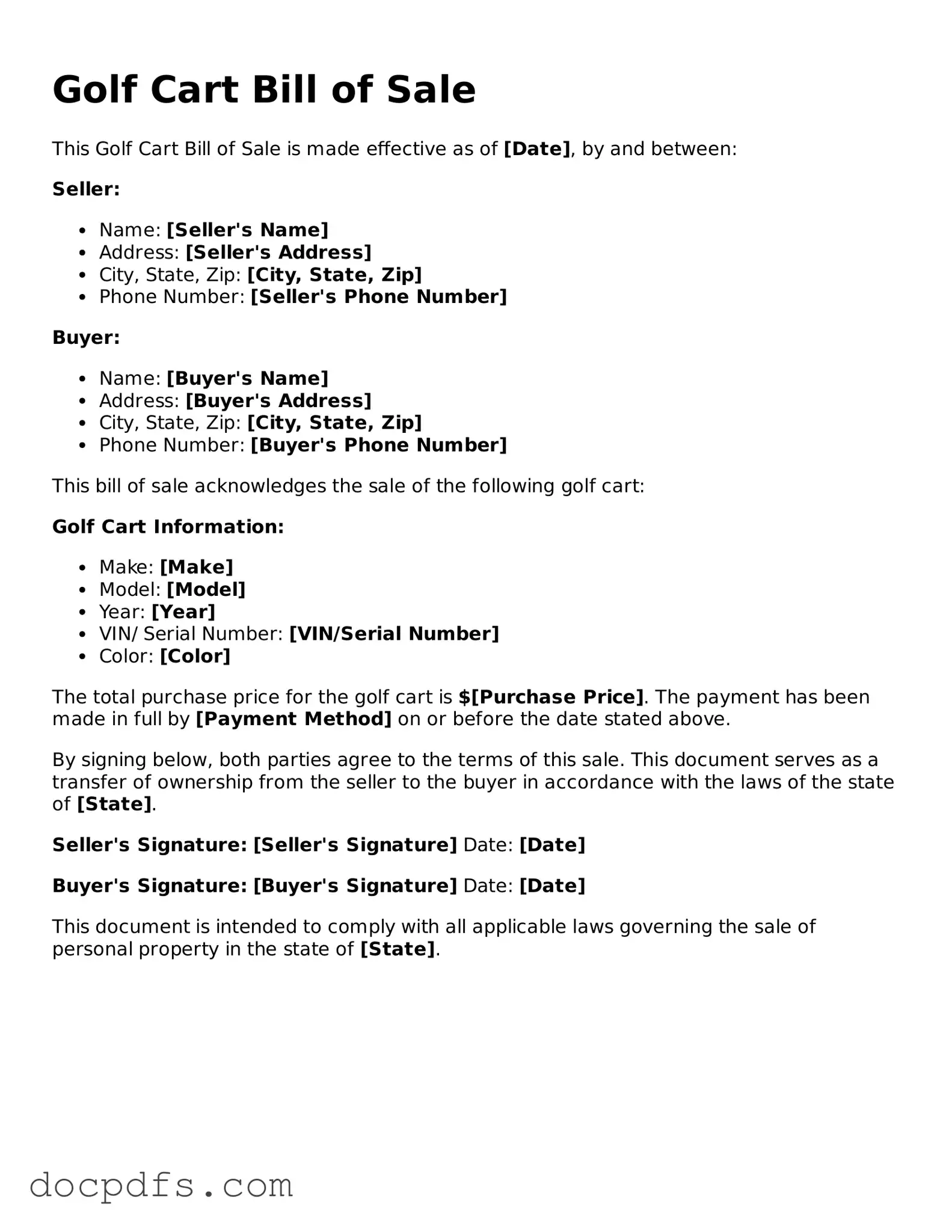 Legal Golf Cart Bill of Sale Document