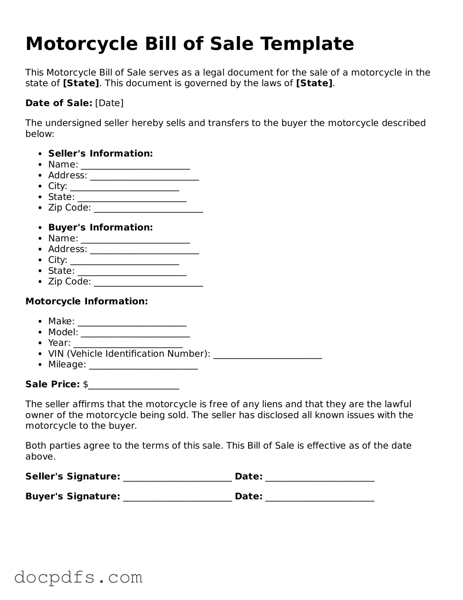 Legal Motorcycle Bill of Sale Document