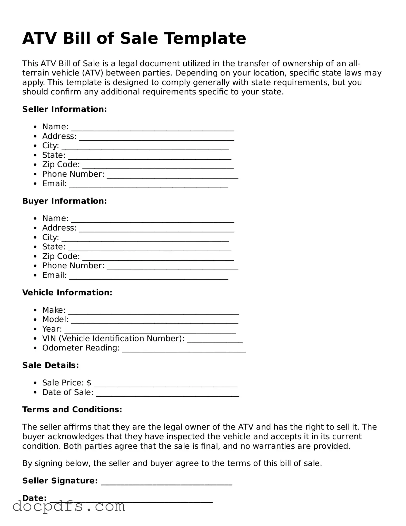 Legal ATV Bill of Sale Document