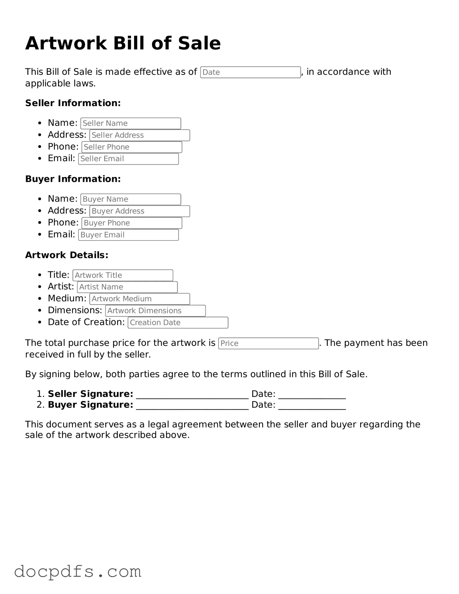 Legal Artwork Bill of Sale Document