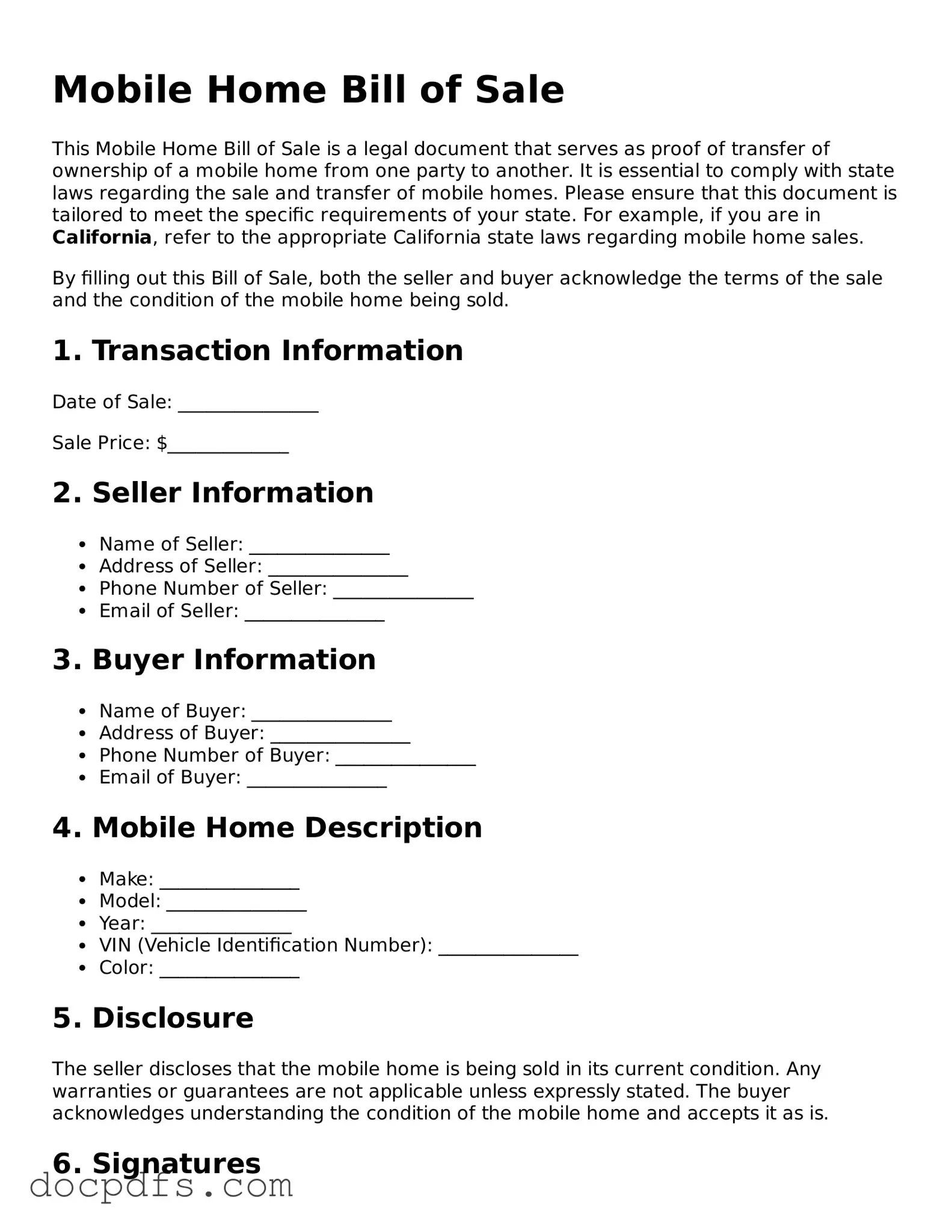 Legal Mobile Home Bill of Sale Document