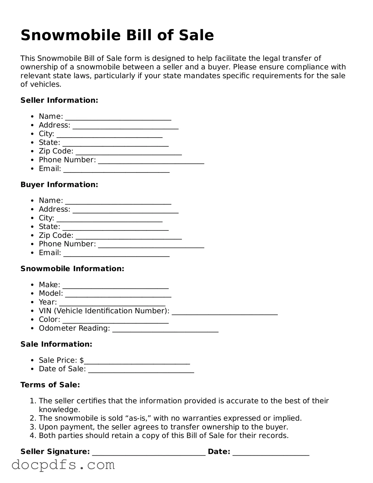 Legal Snowmobile Bill of Sale Document