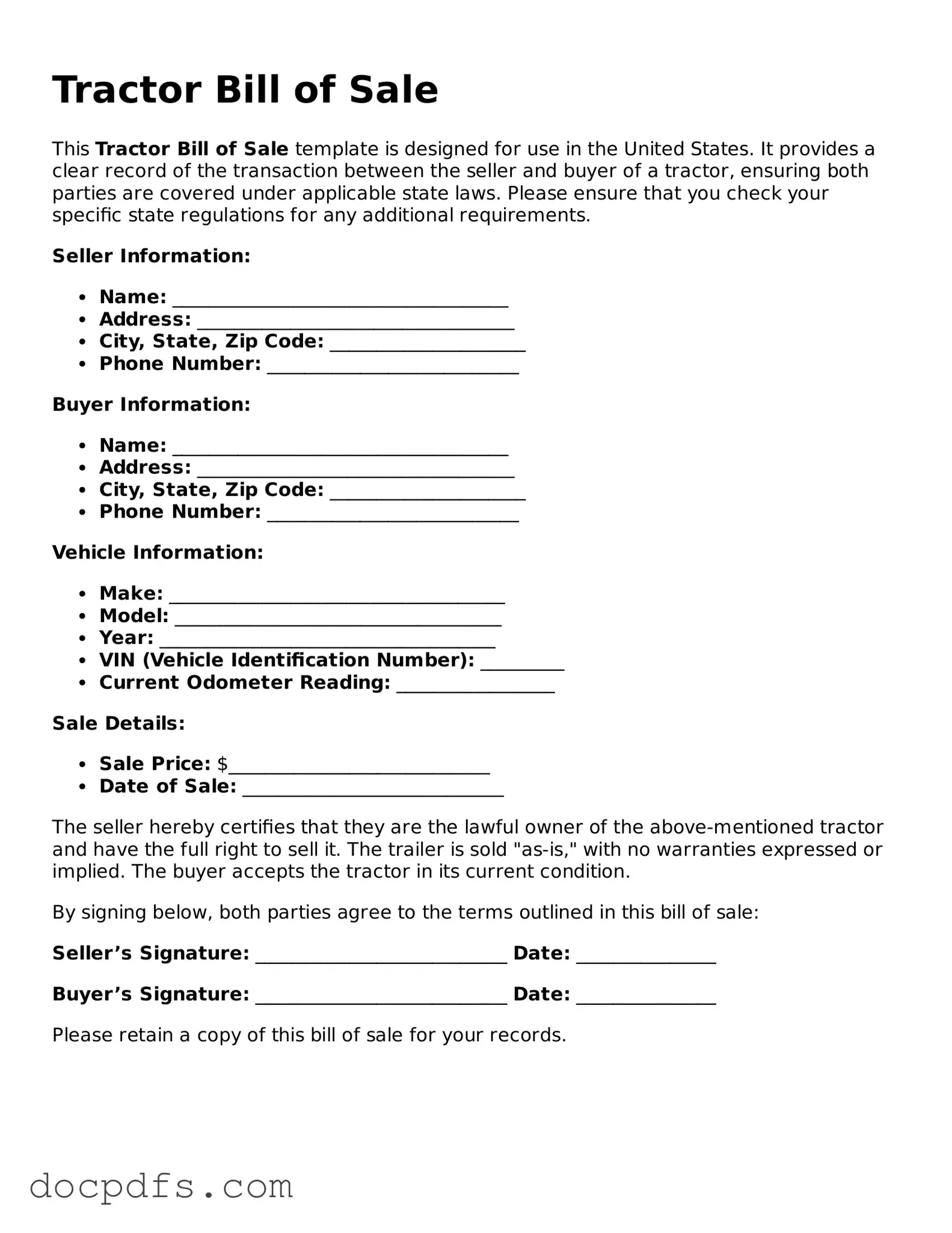 Legal Tractor Bill of Sale Document