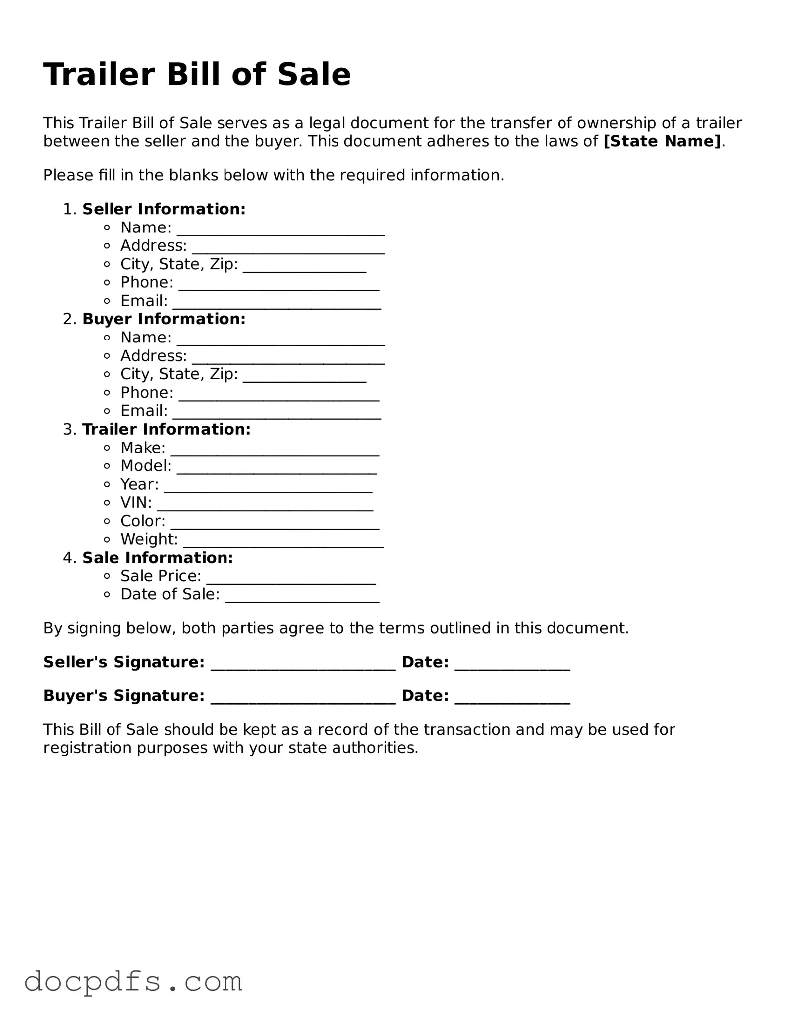 Legal Trailer Bill of Sale Document