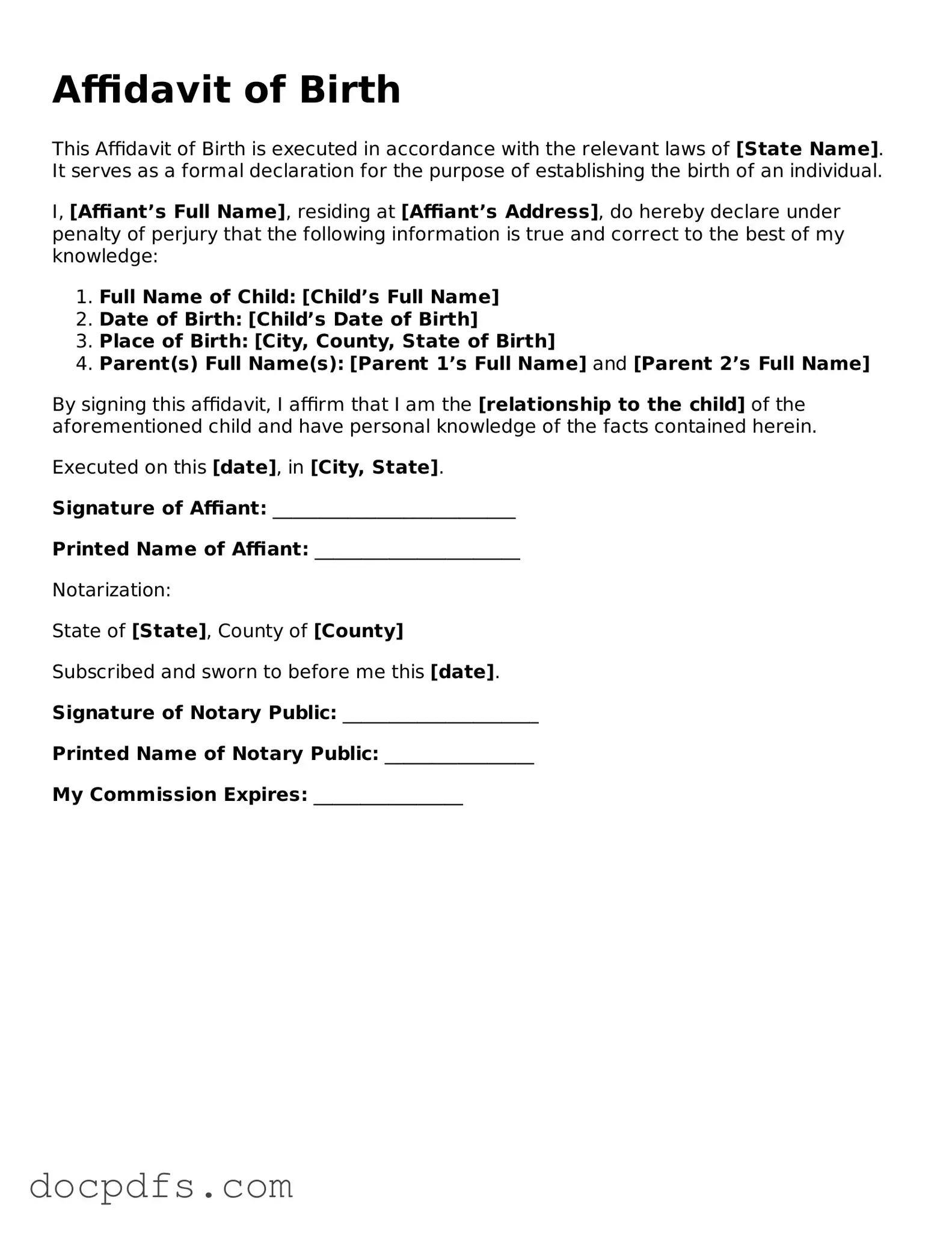 Legal Affidavit of Birth Document
