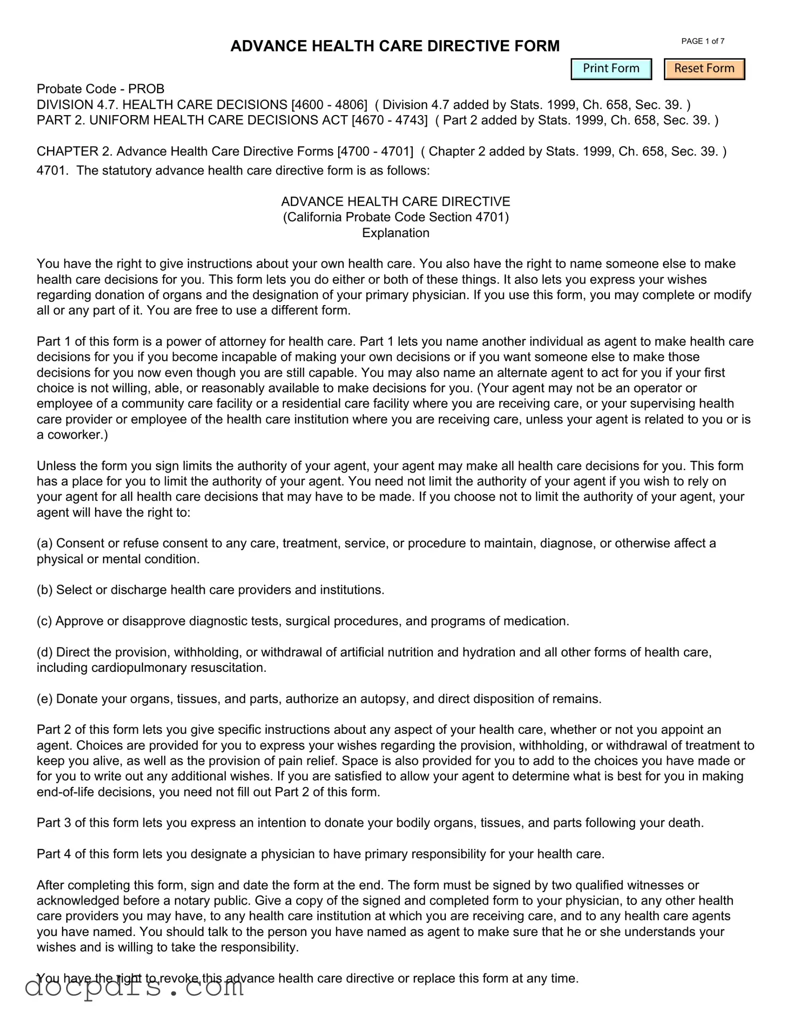 California Advanced Health Care Directive Template in PDF