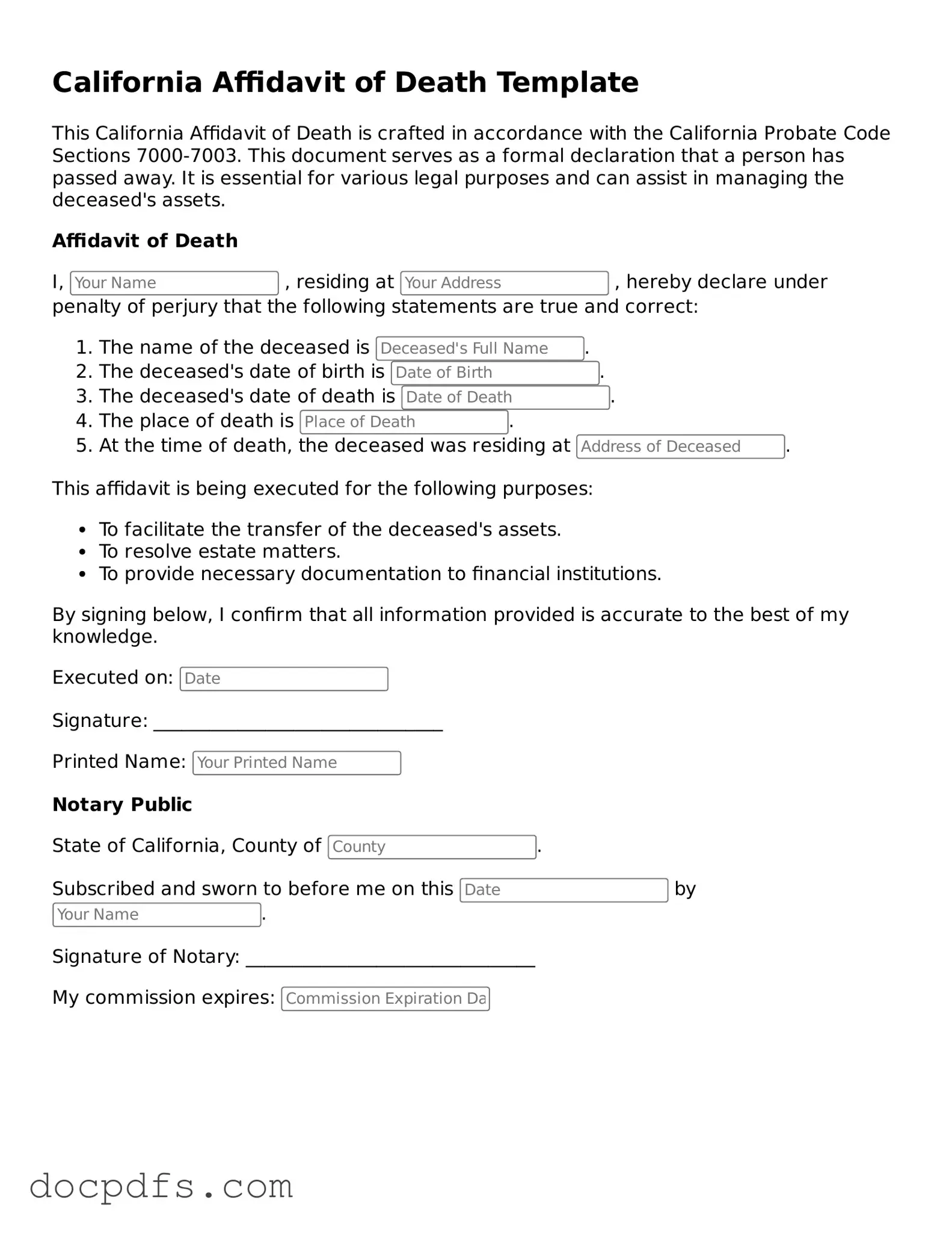Free California Affidavit of Death Form