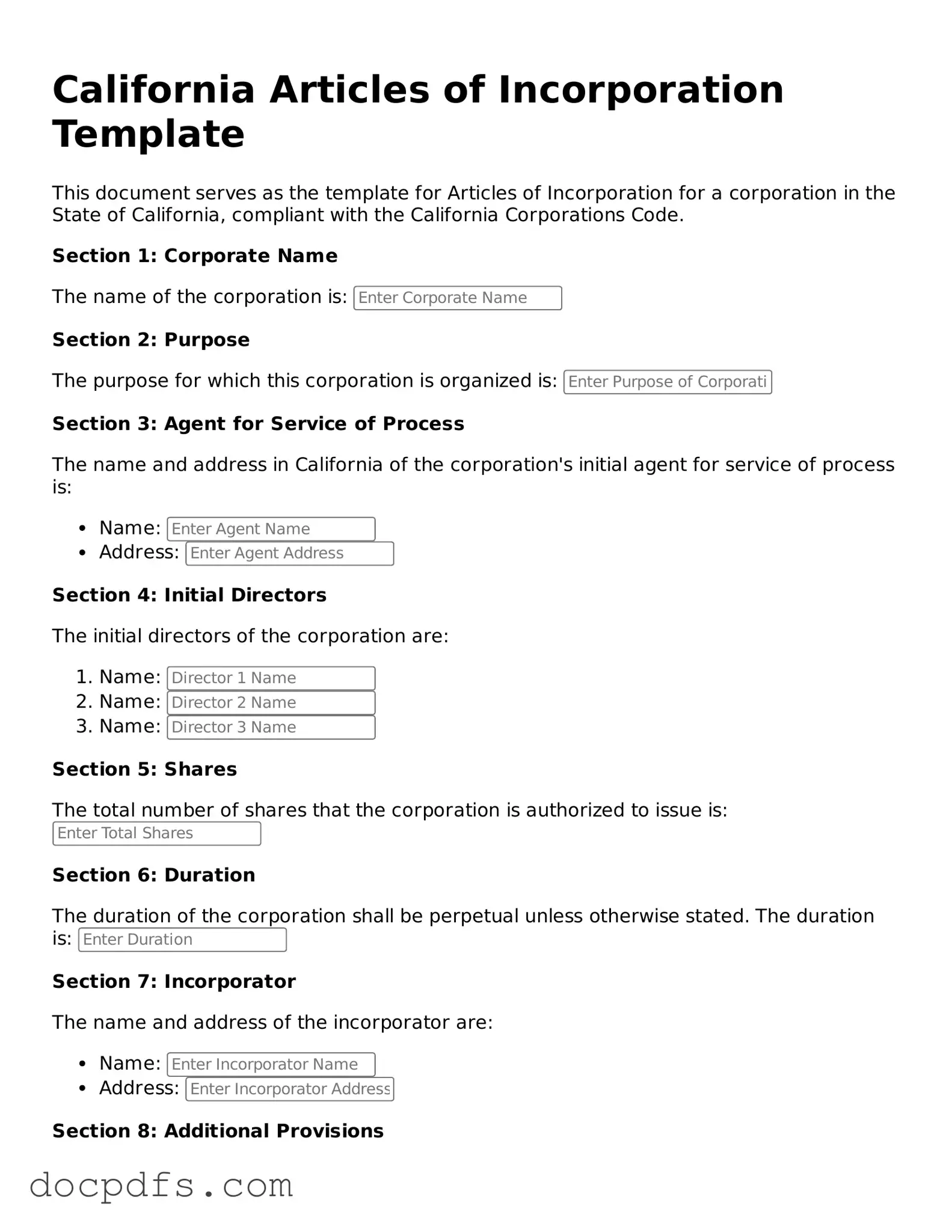 Free California Articles of Incorporation Form