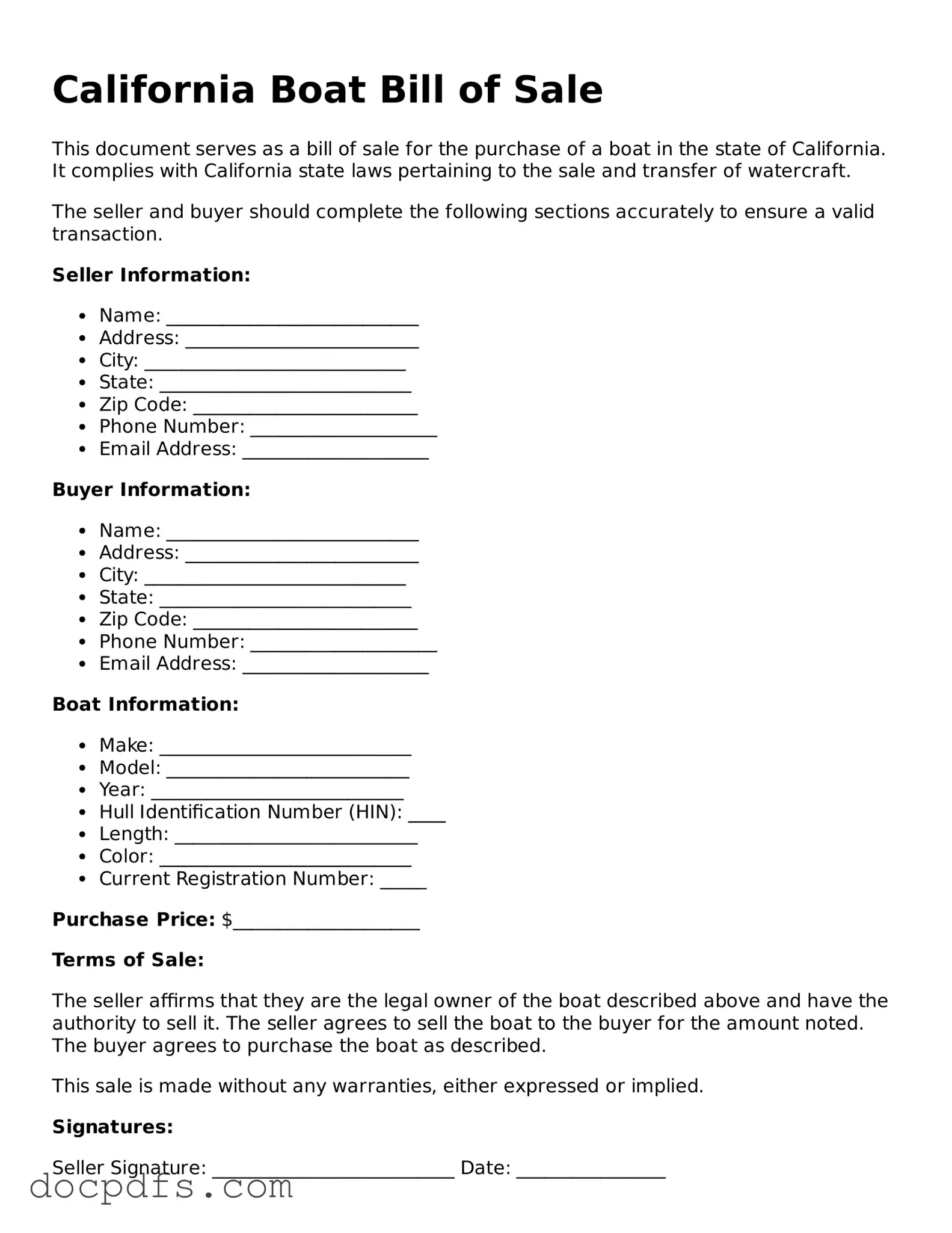 Free California Boat Bill of Sale Form