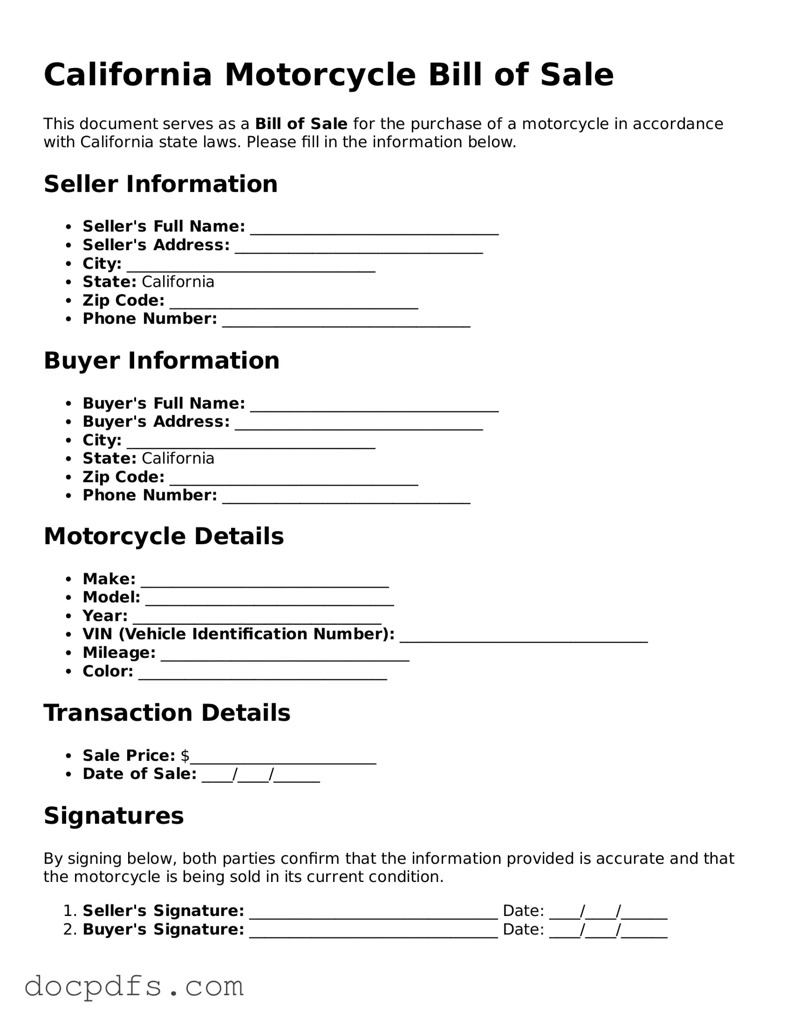 Free California Motorcycle Bill of Sale Form