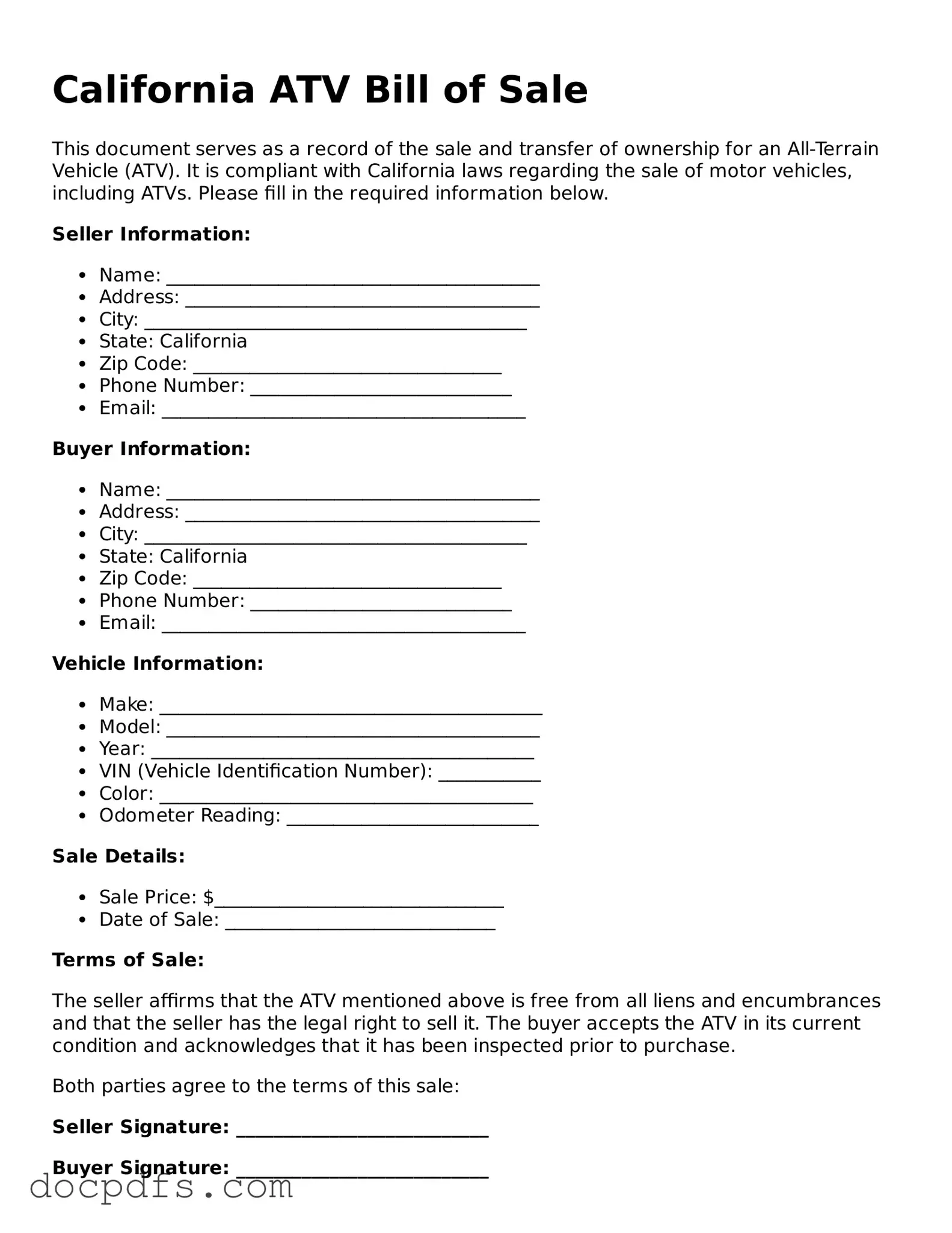 Free California ATV Bill of Sale Form