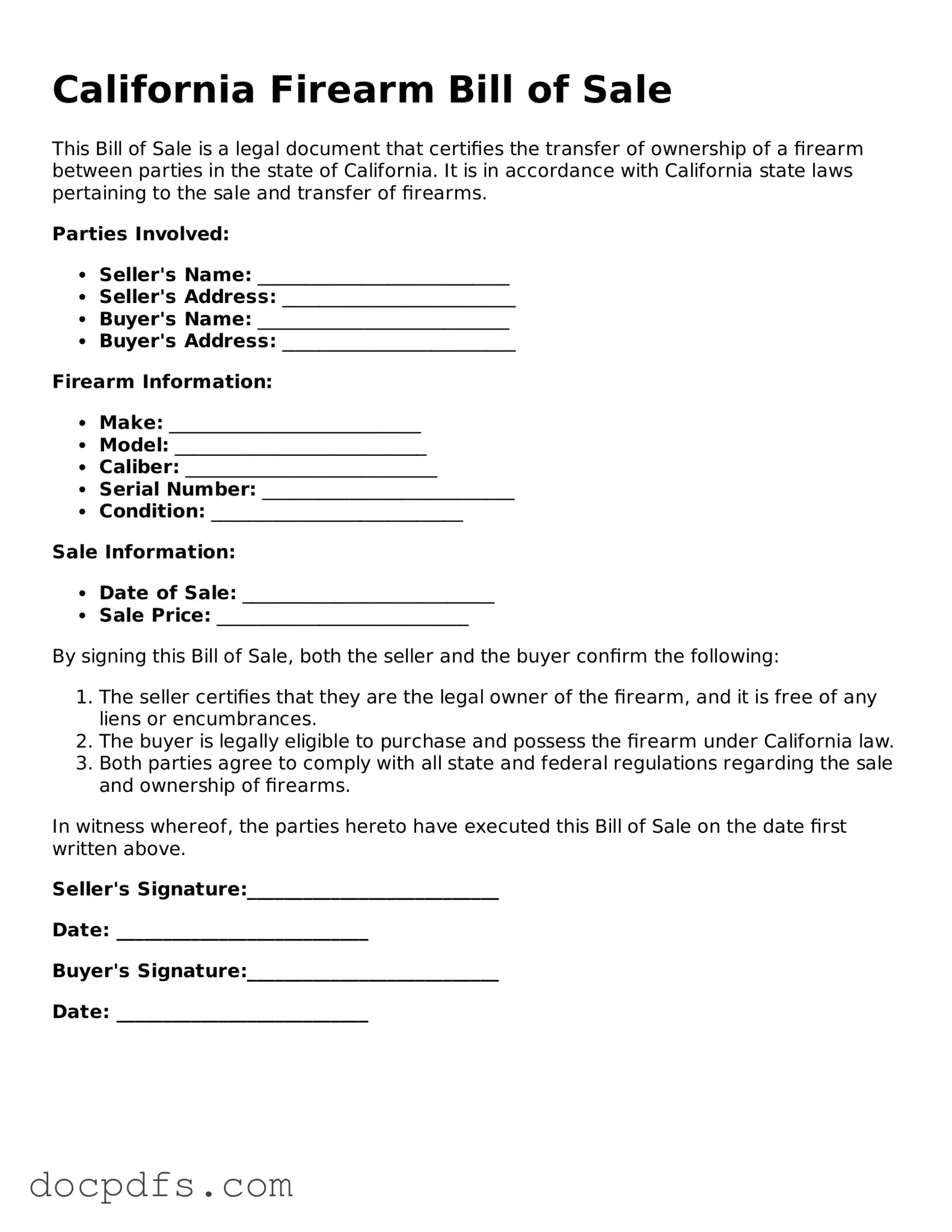 Free California Firearm Bill of Sale Form