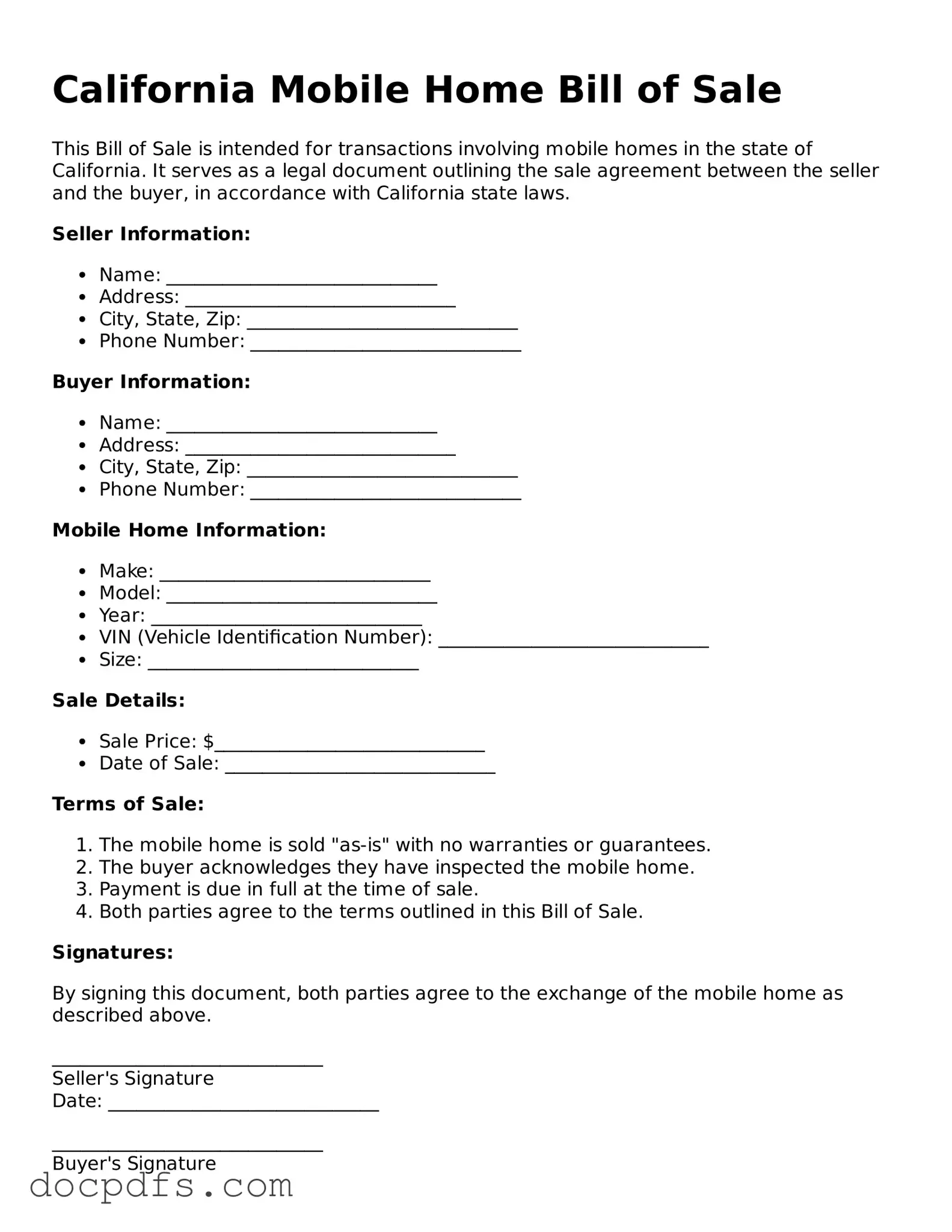 Free California Mobile Home Bill of Sale Form