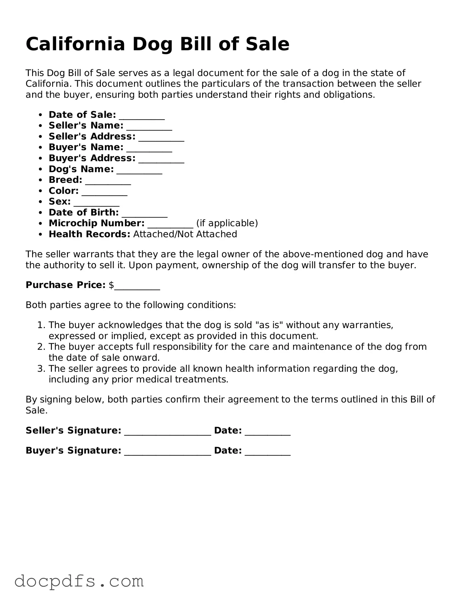Free California Dog Bill of Sale Form