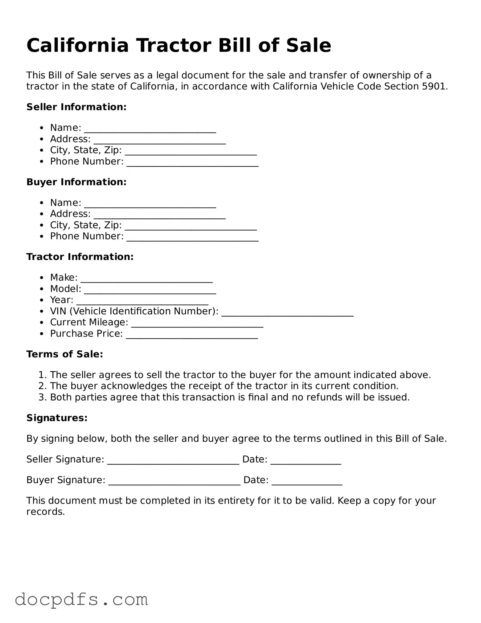 Free California Tractor Bill of Sale Form