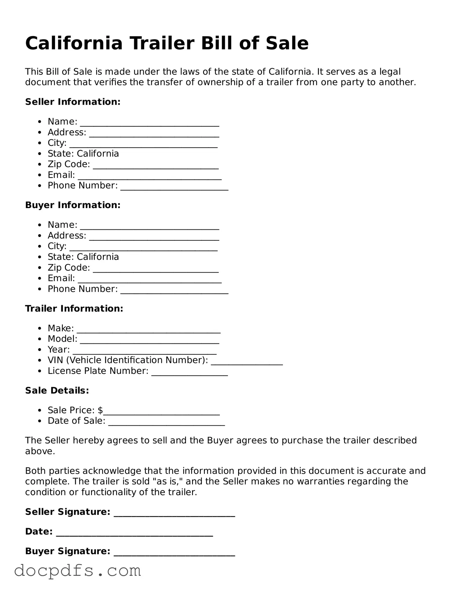 Free California Trailer Bill of Sale Form