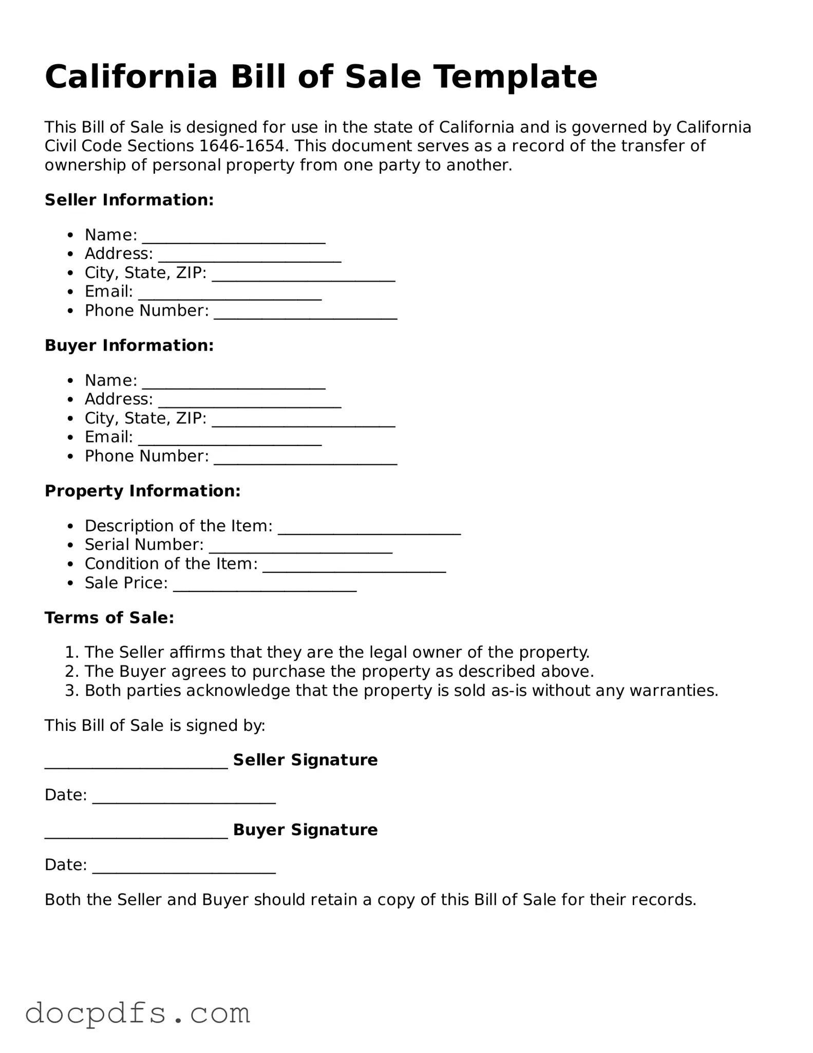 Free California Bill of Sale Form