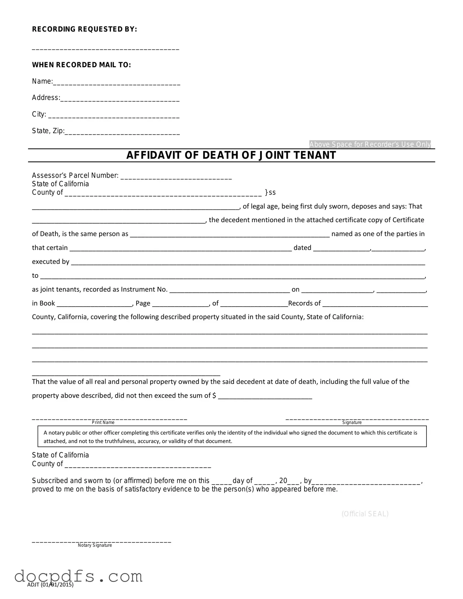 California Death of a Joint Tenant Affidavit Template in PDF