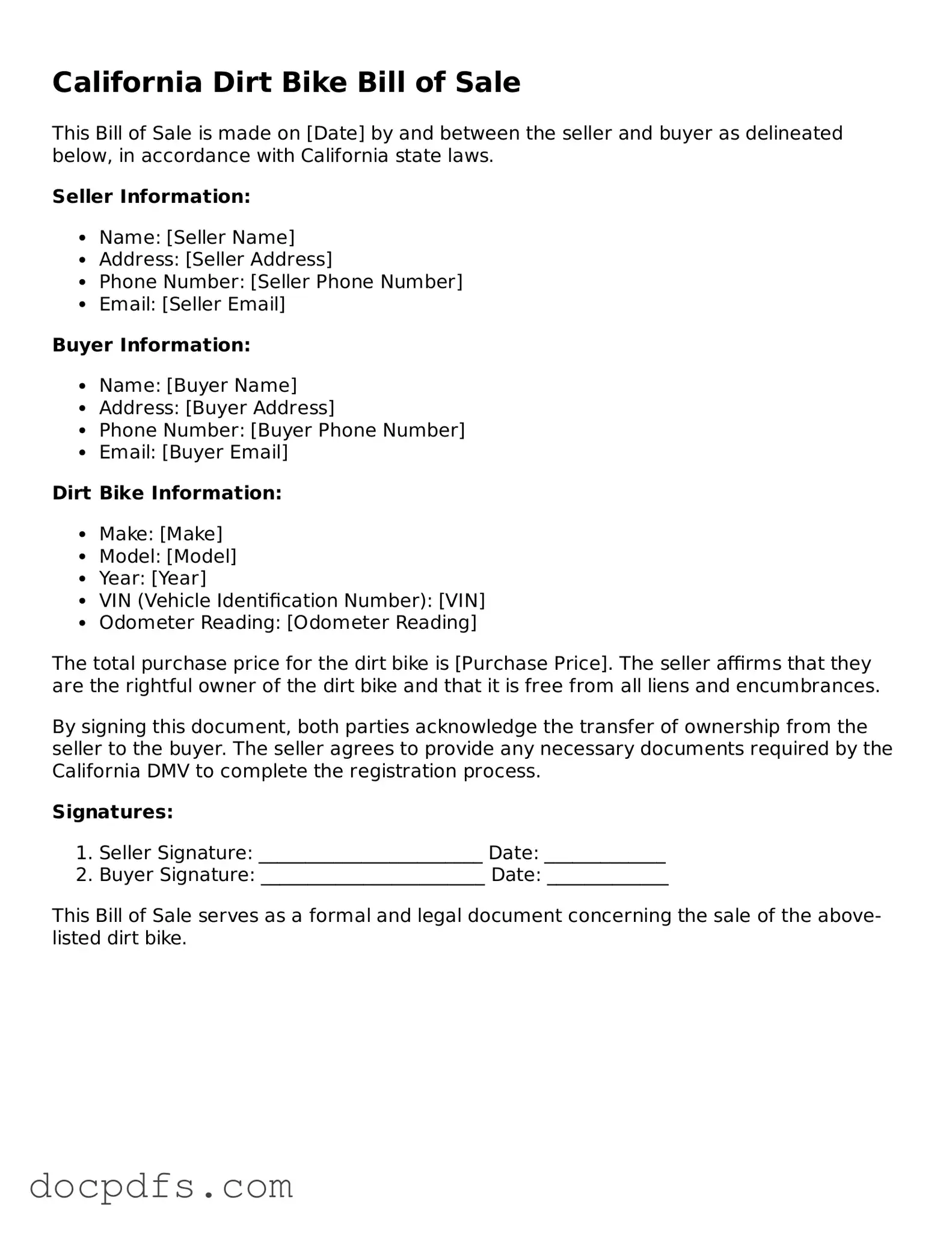 Free California Dirt Bike Bill of Sale Form