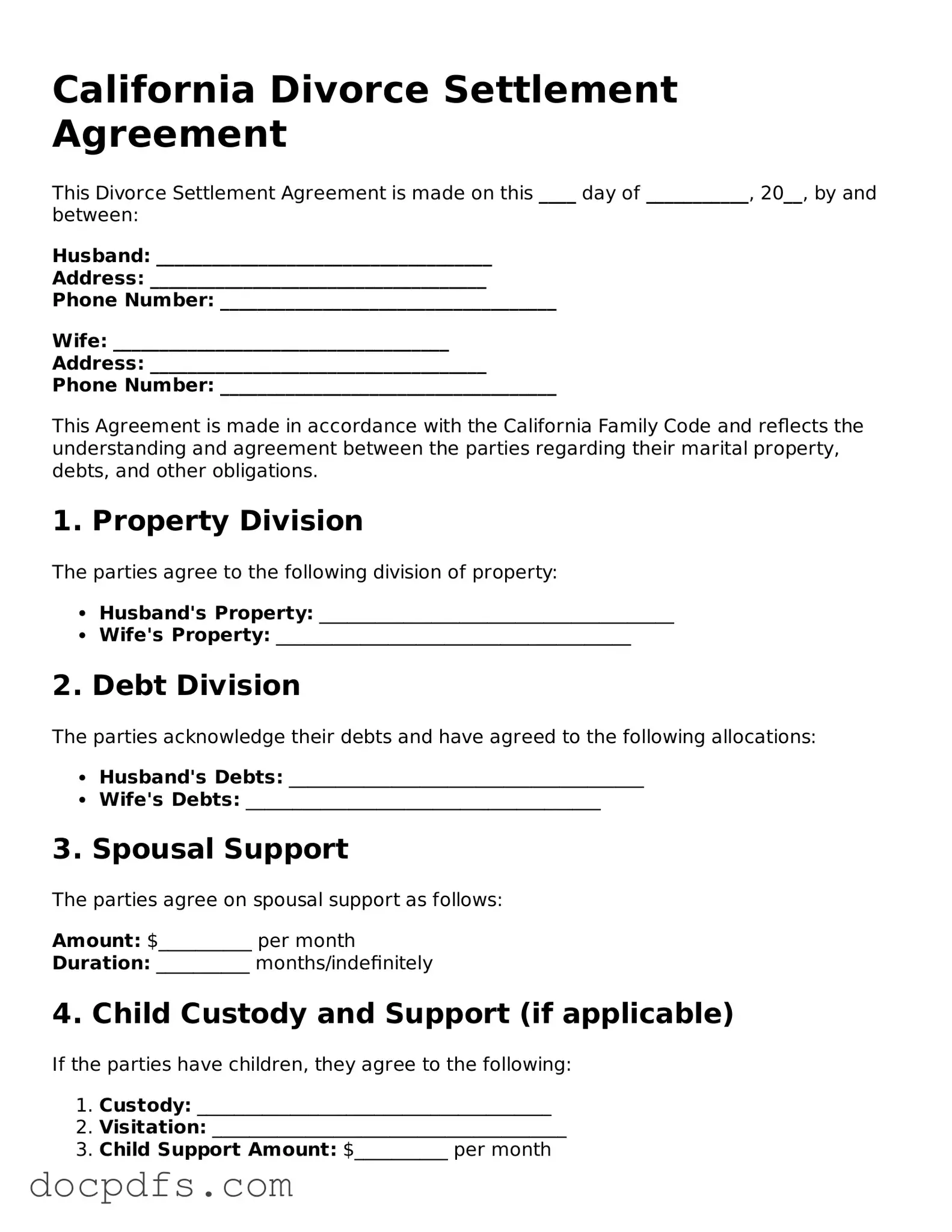 Free California Divorce Settlement Agreement Form