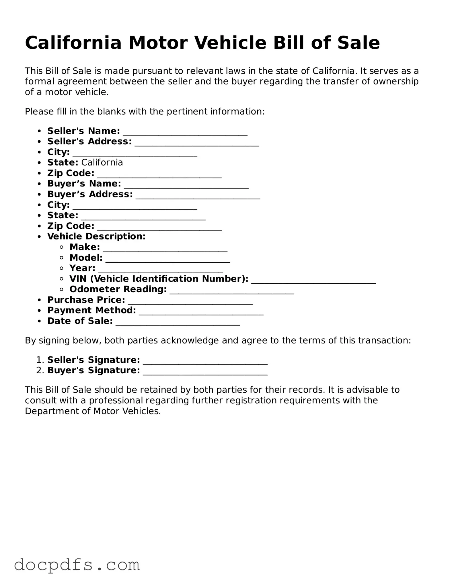 Free California Motor Vehicle Bill of Sale Form