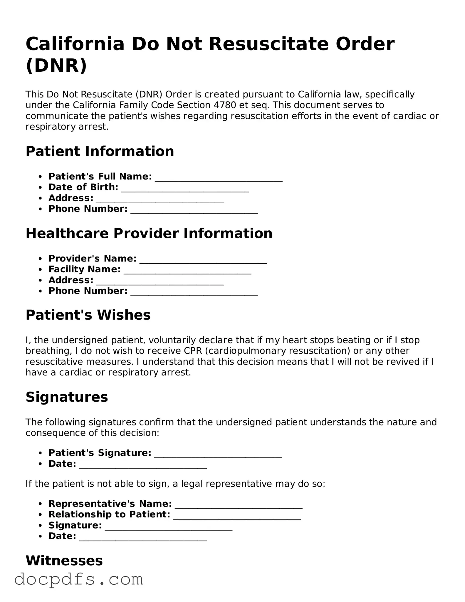 Free California Do Not Resuscitate Order Form