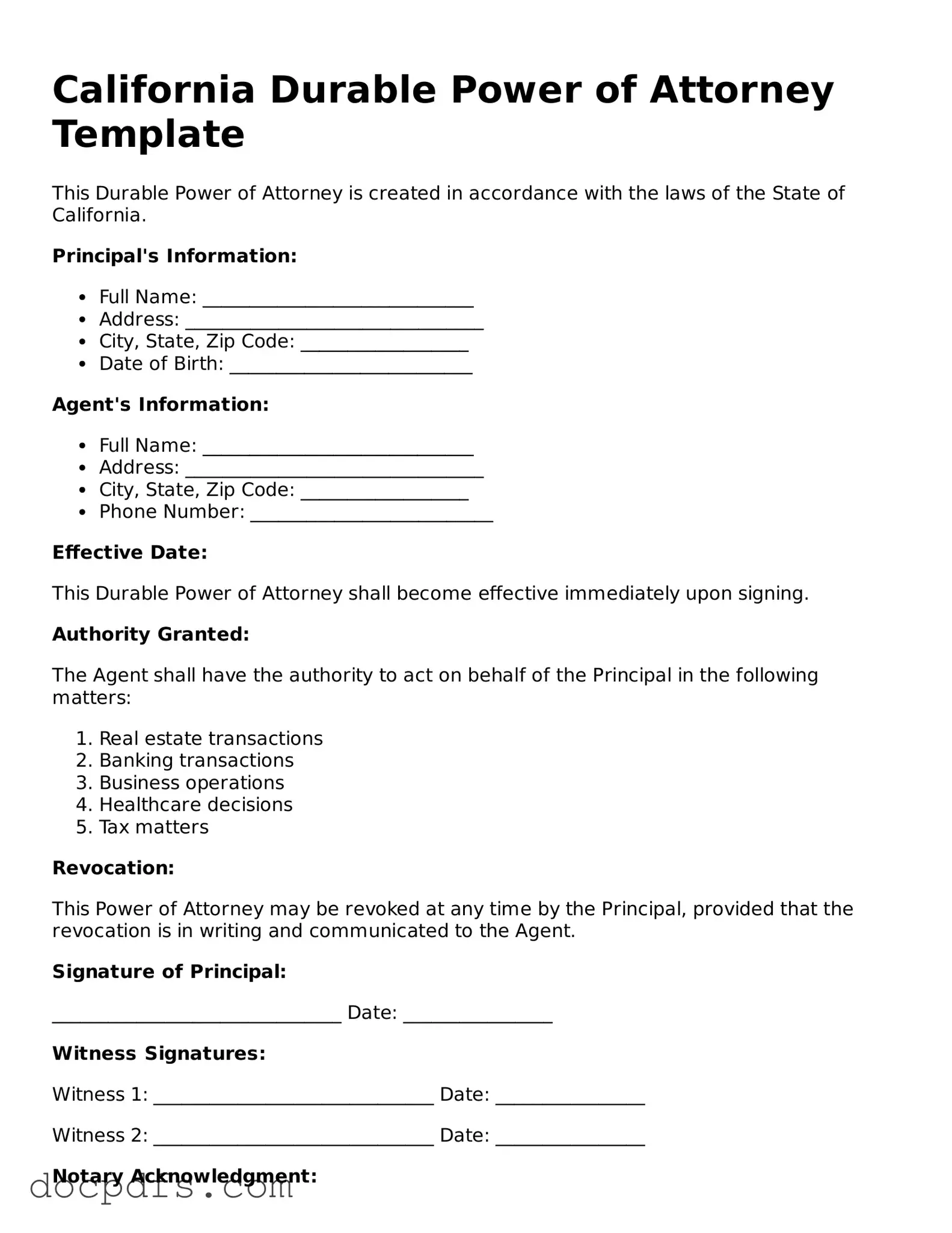 Free California Durable Power of Attorney Form