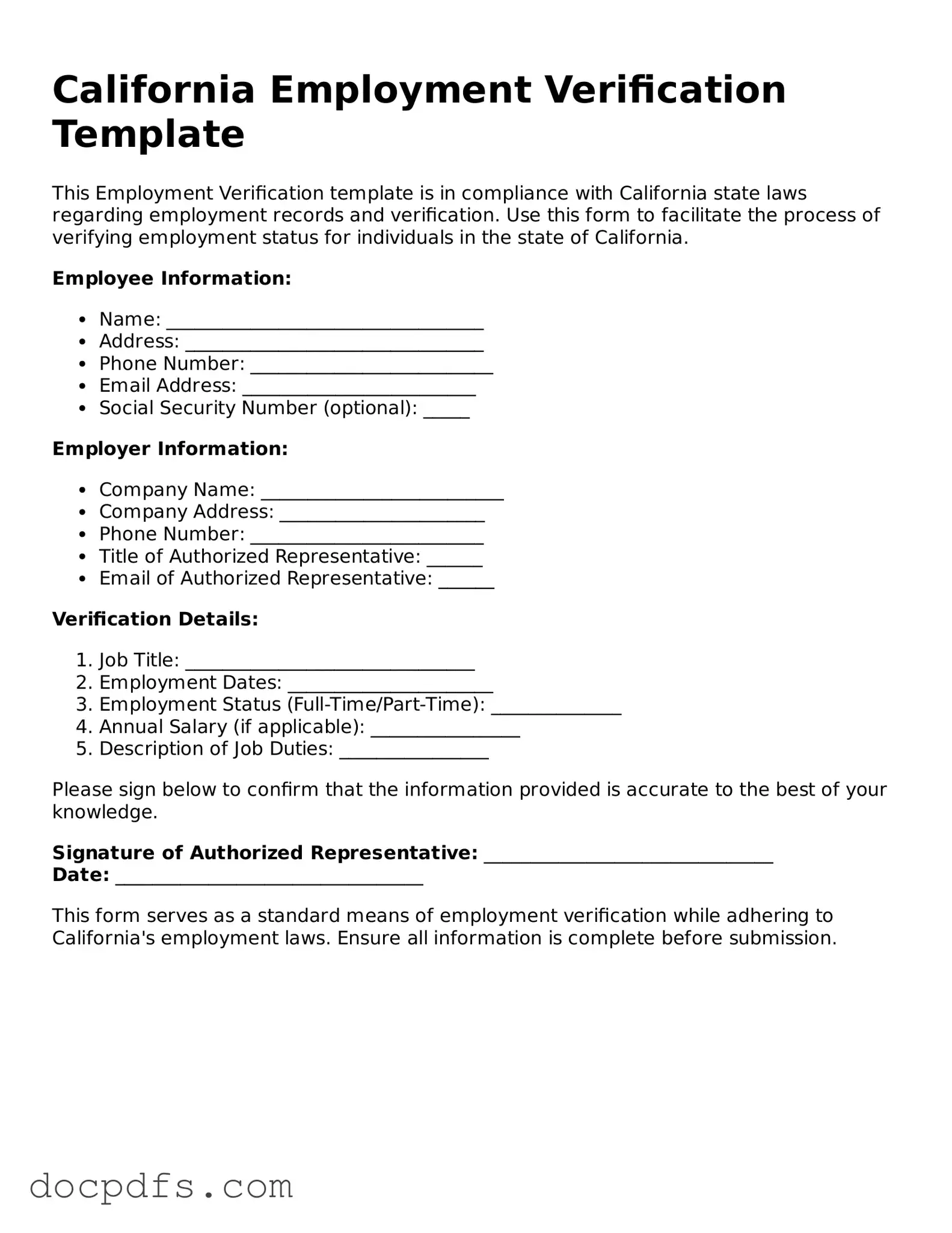Free California Employment Verification Form
