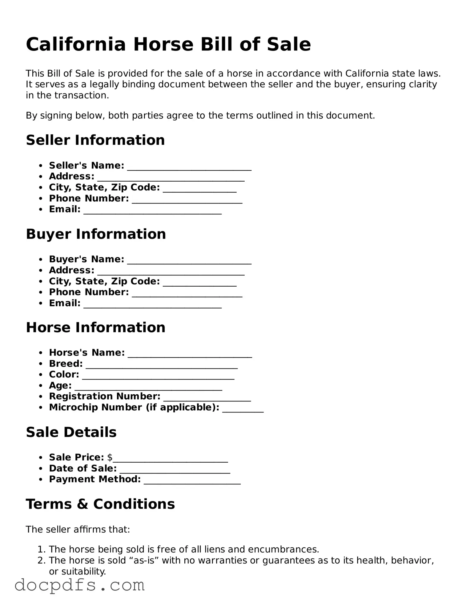 Free California Horse Bill of Sale Form