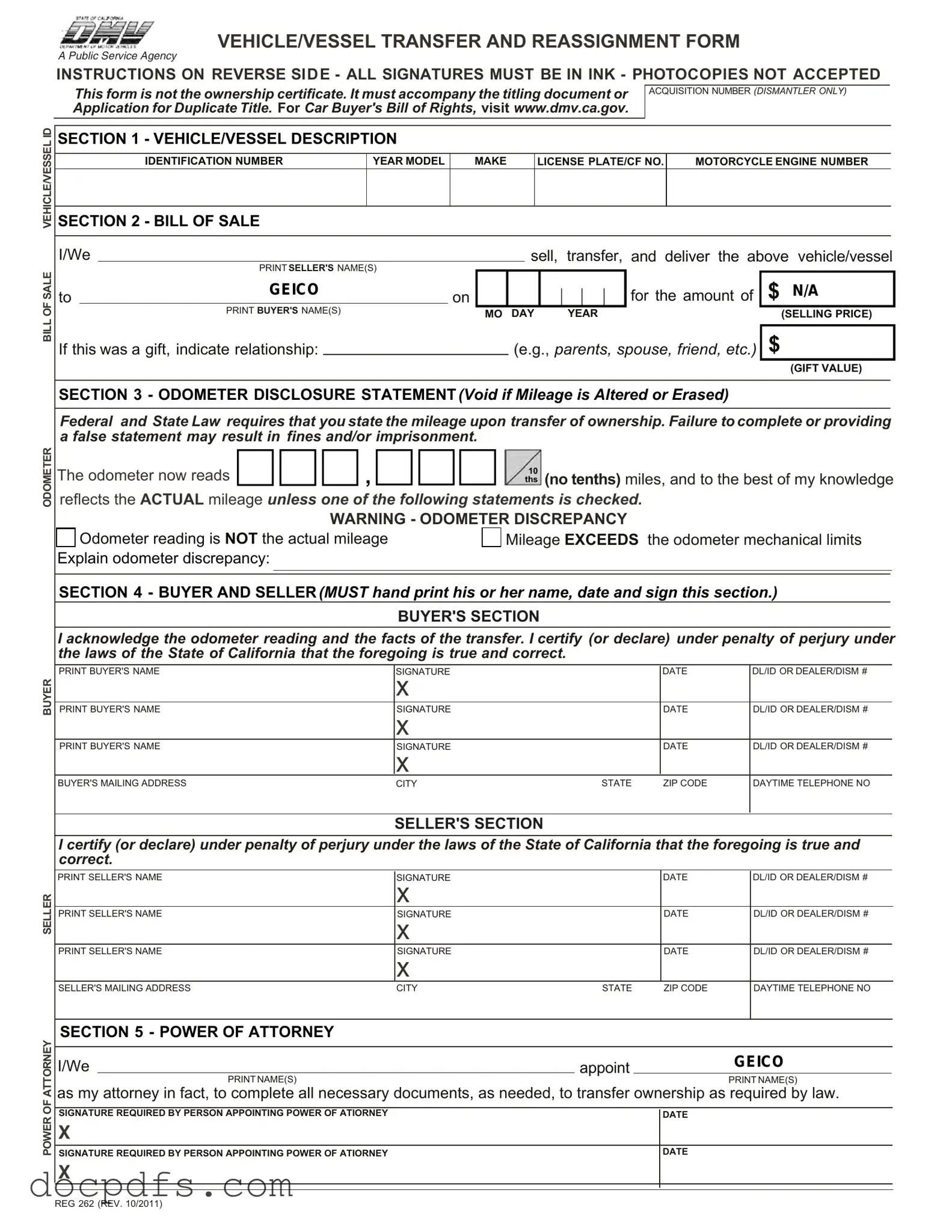 California Fotm Reg 262 Template in PDF