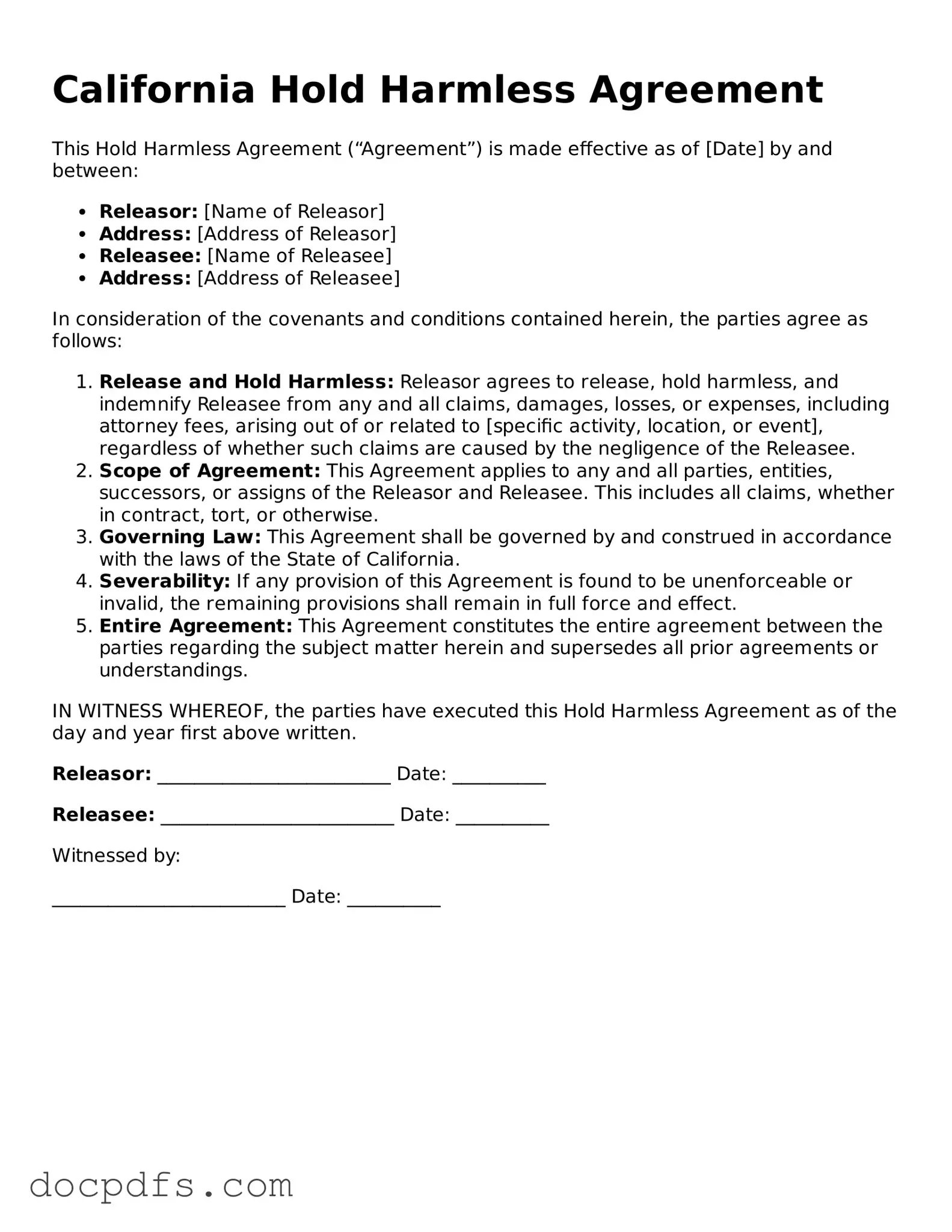Free California Hold Harmless Agreement Form