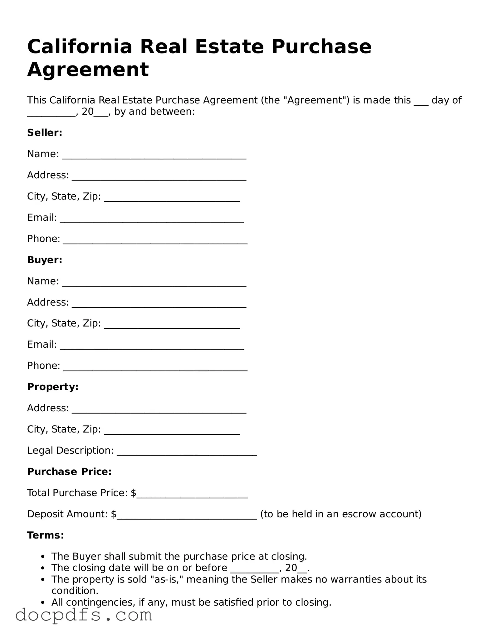 Free California Real Estate Purchase Agreement Form