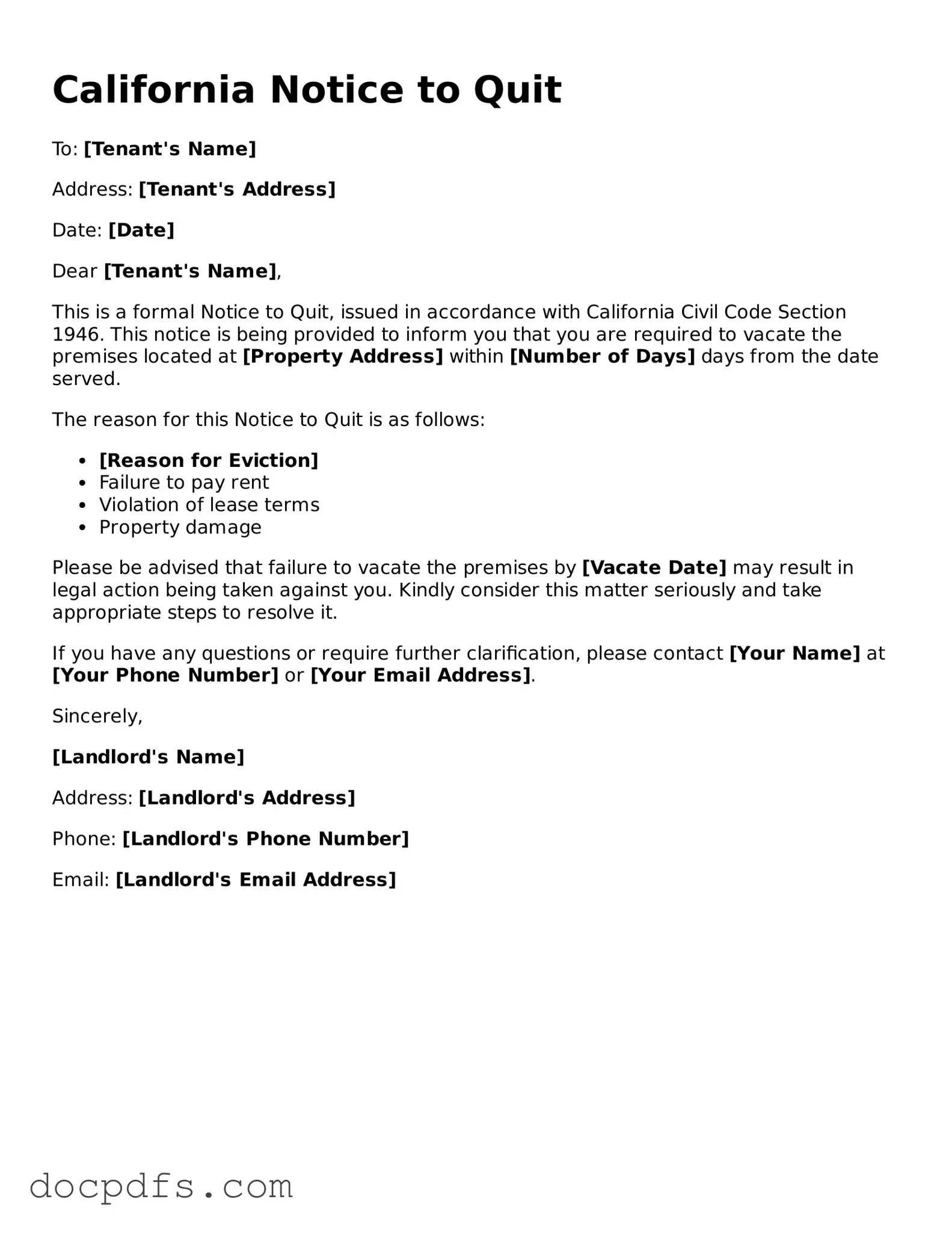 Free California Notice to Quit Form