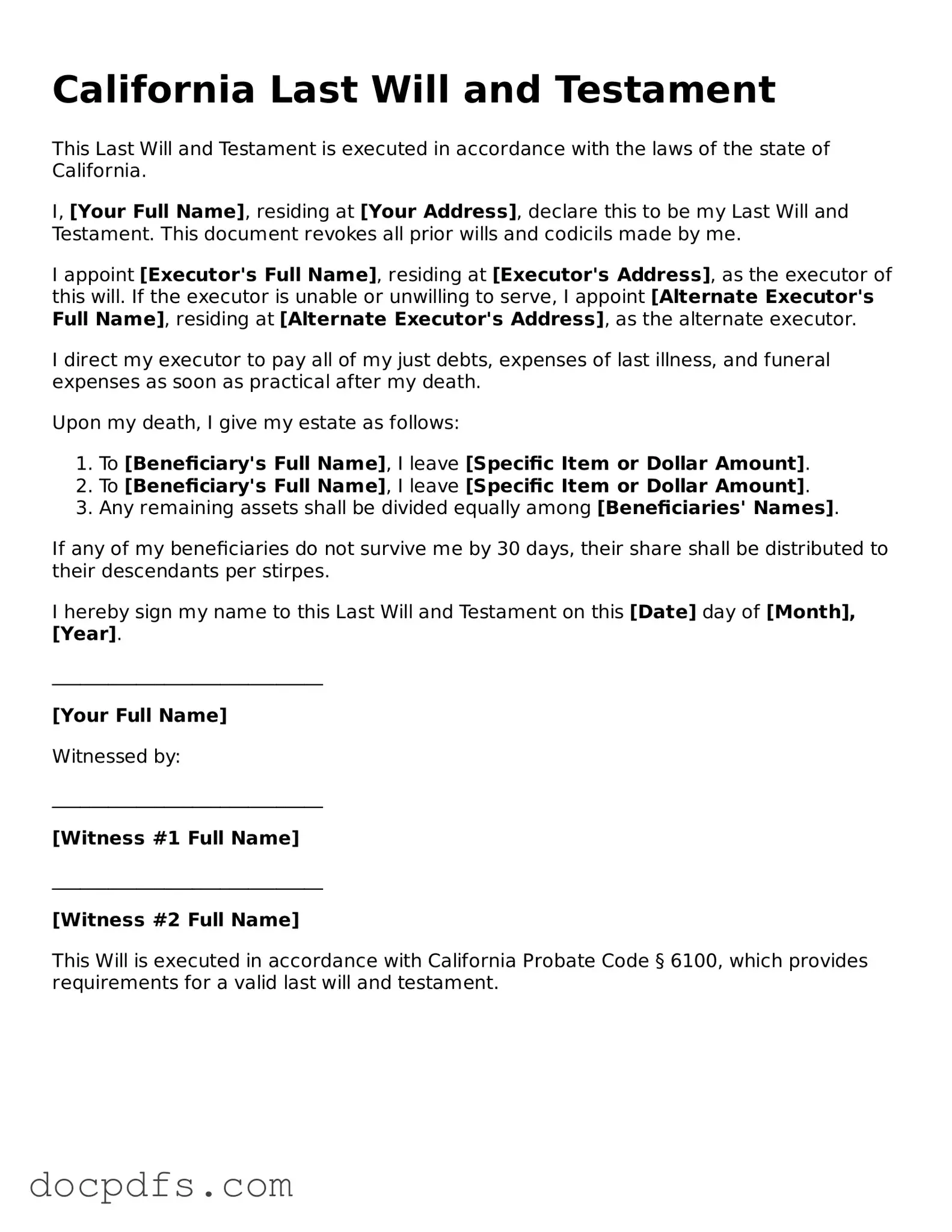 Free California Last Will and Testament Form
