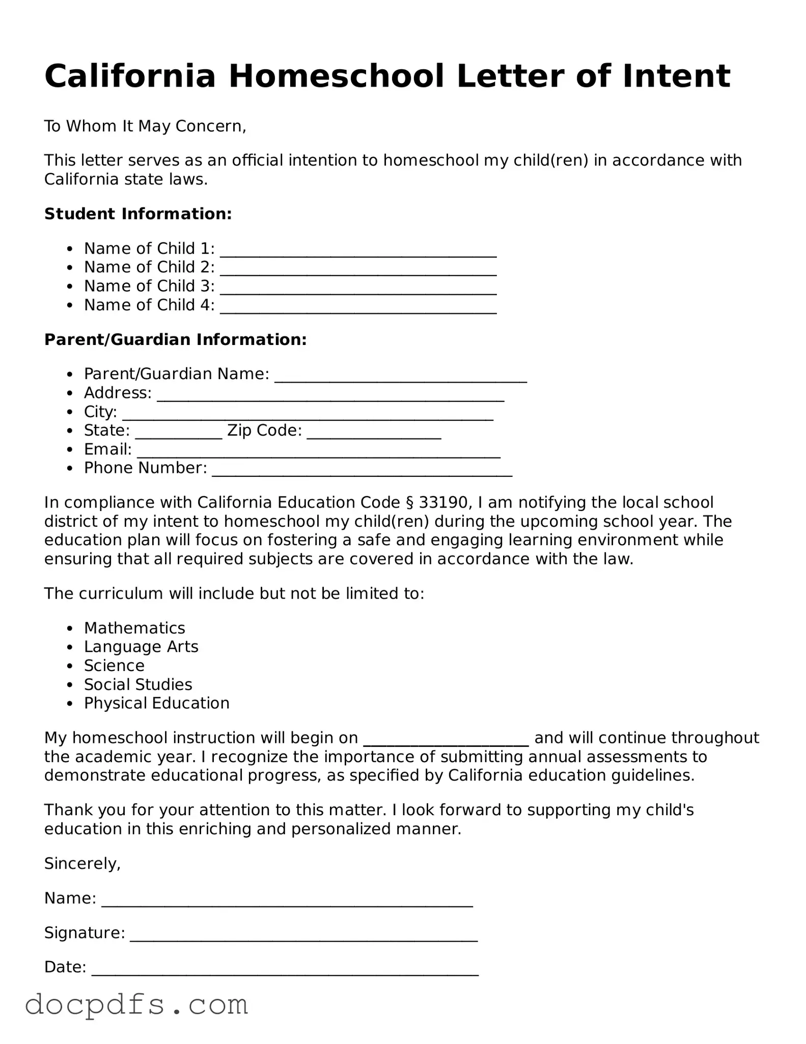 Free California Homeschool Letter of Intent Form