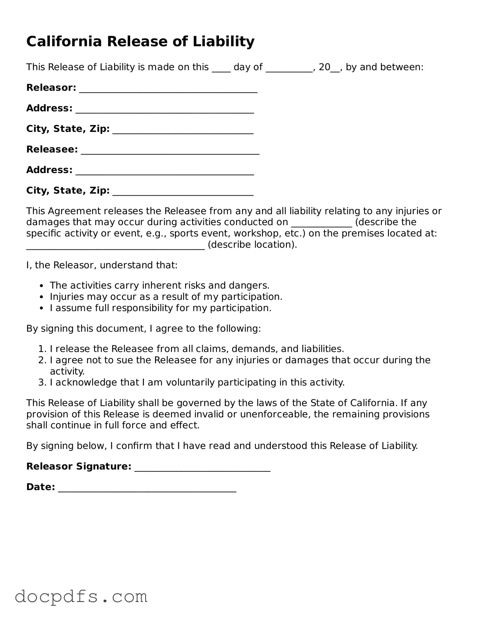 Free California Release of Liability Form