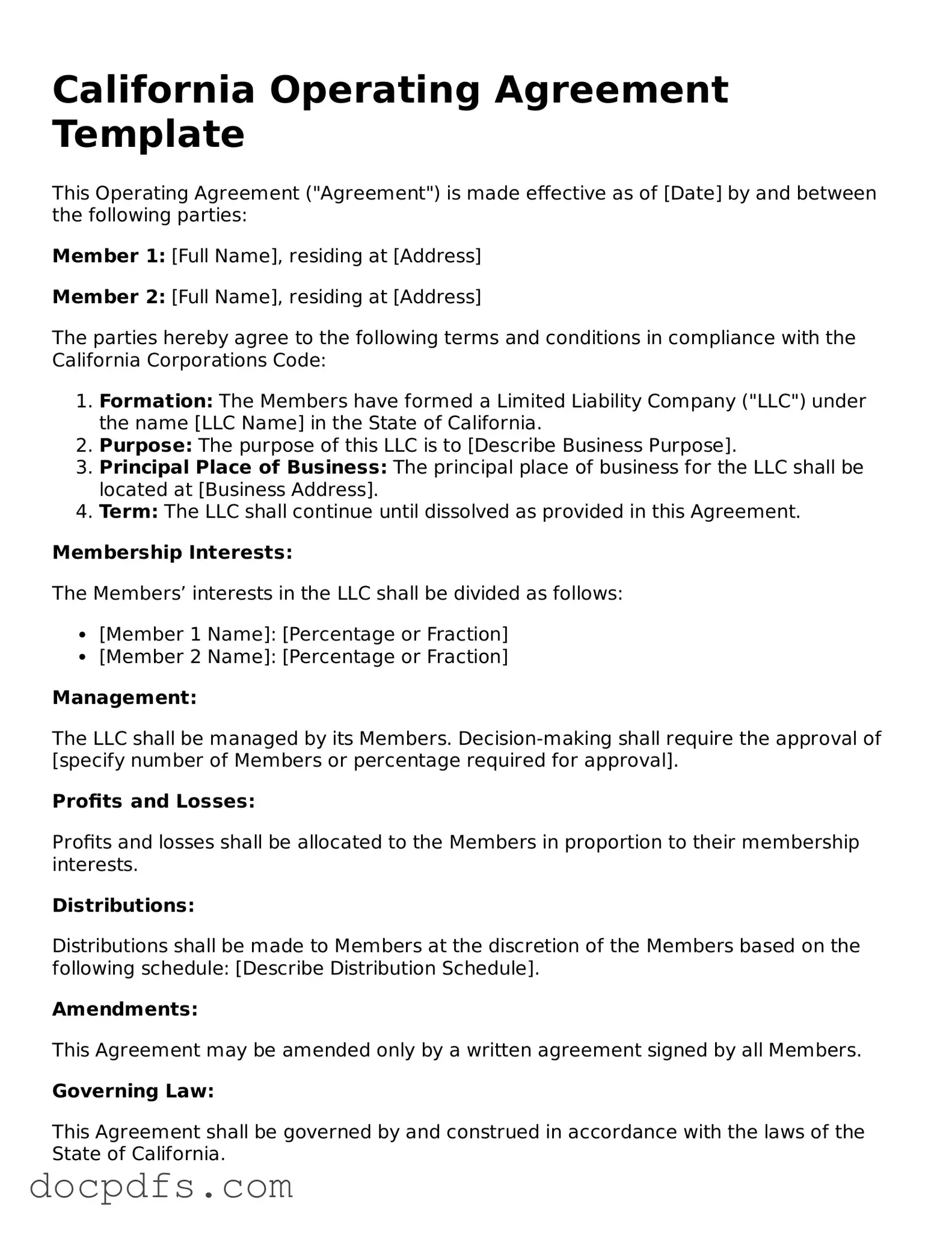 Free California Operating Agreement Form