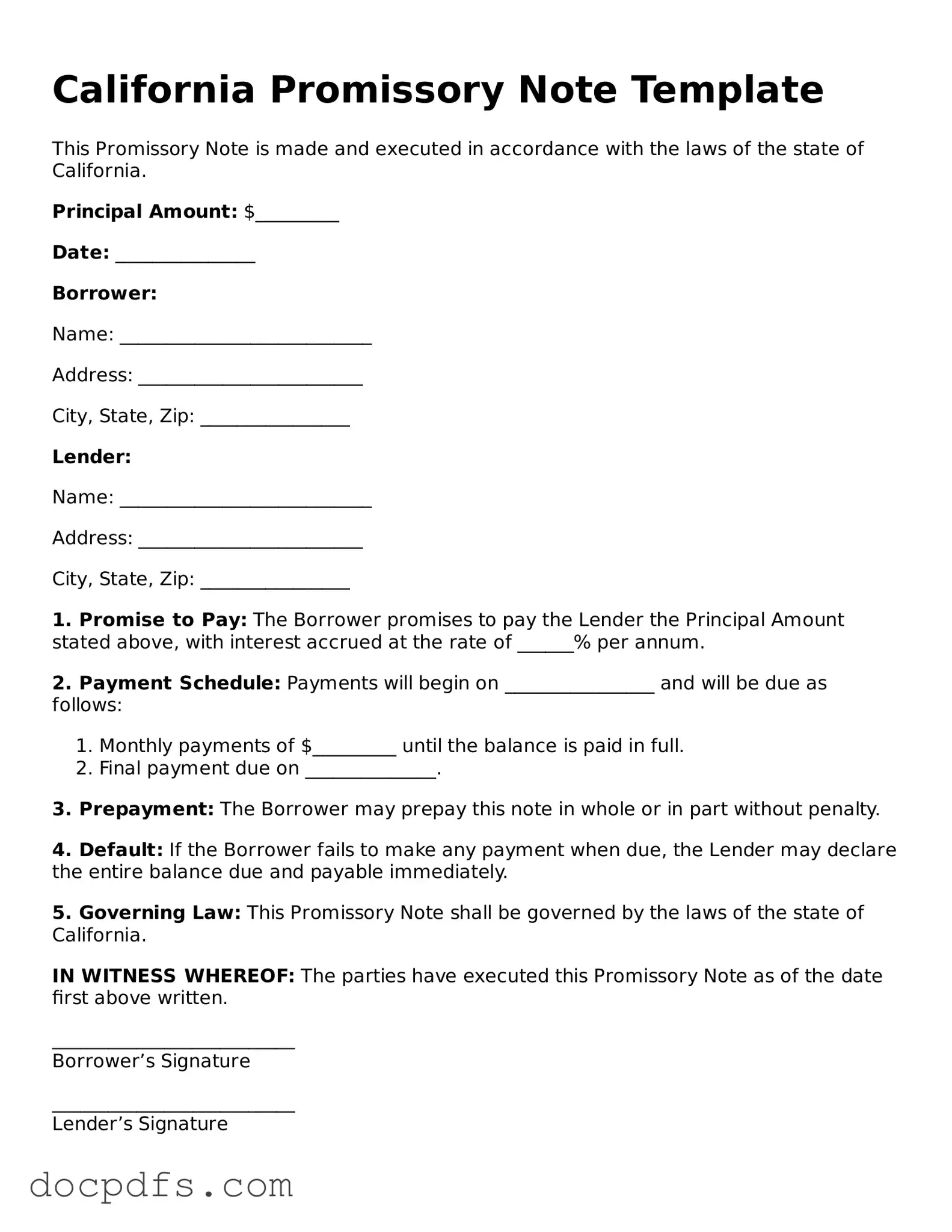 Free California Promissory Note Form