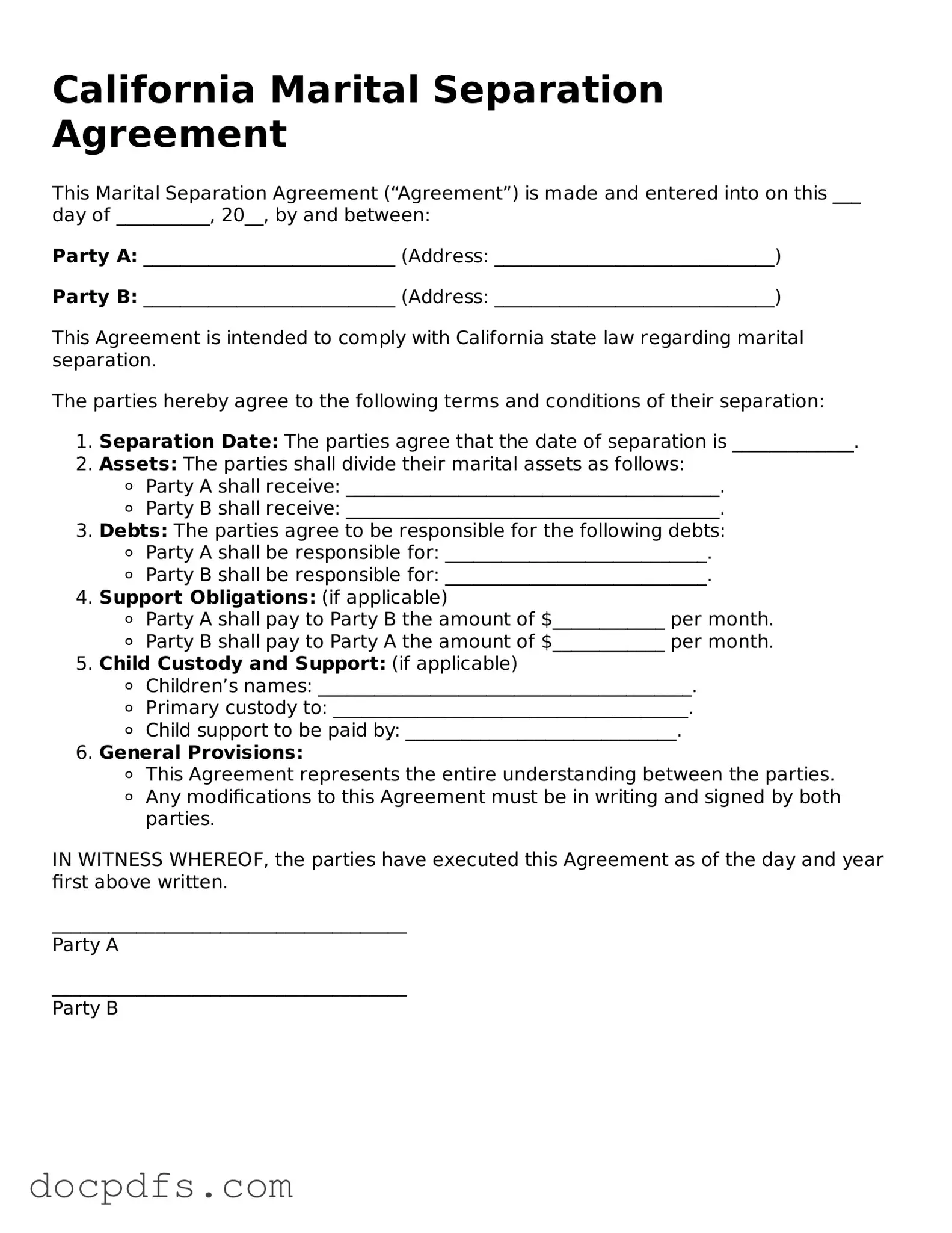 Free California Marital Separation Agreement Form