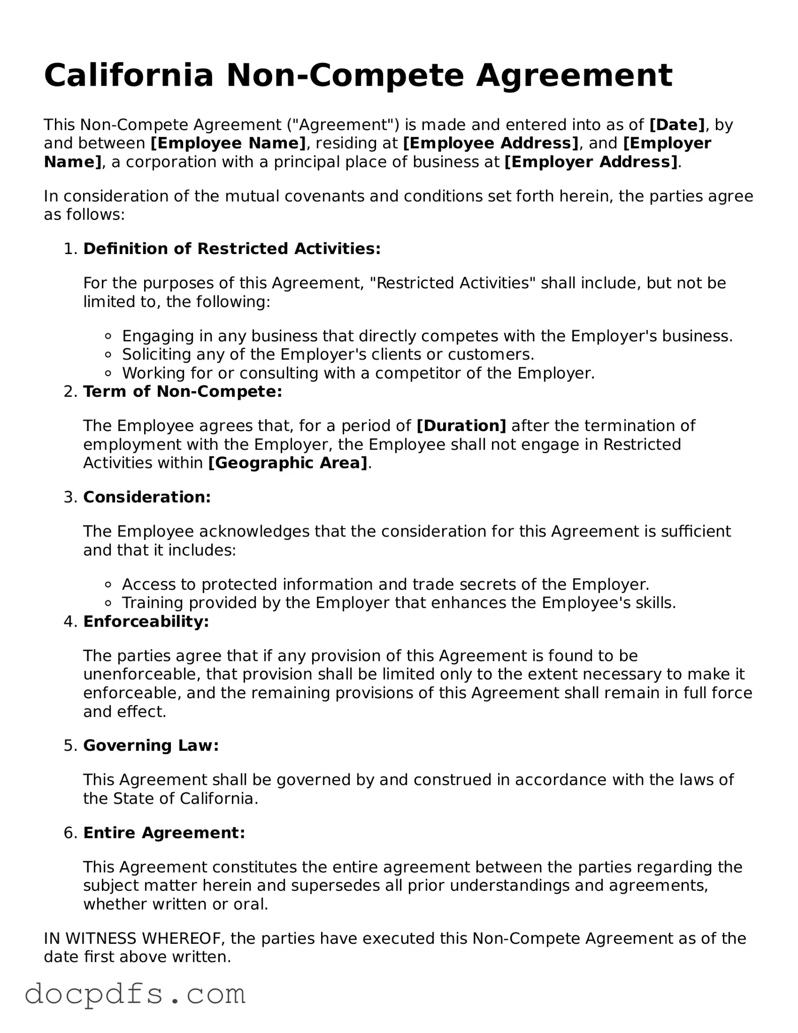 Free California Non-compete Agreement Form