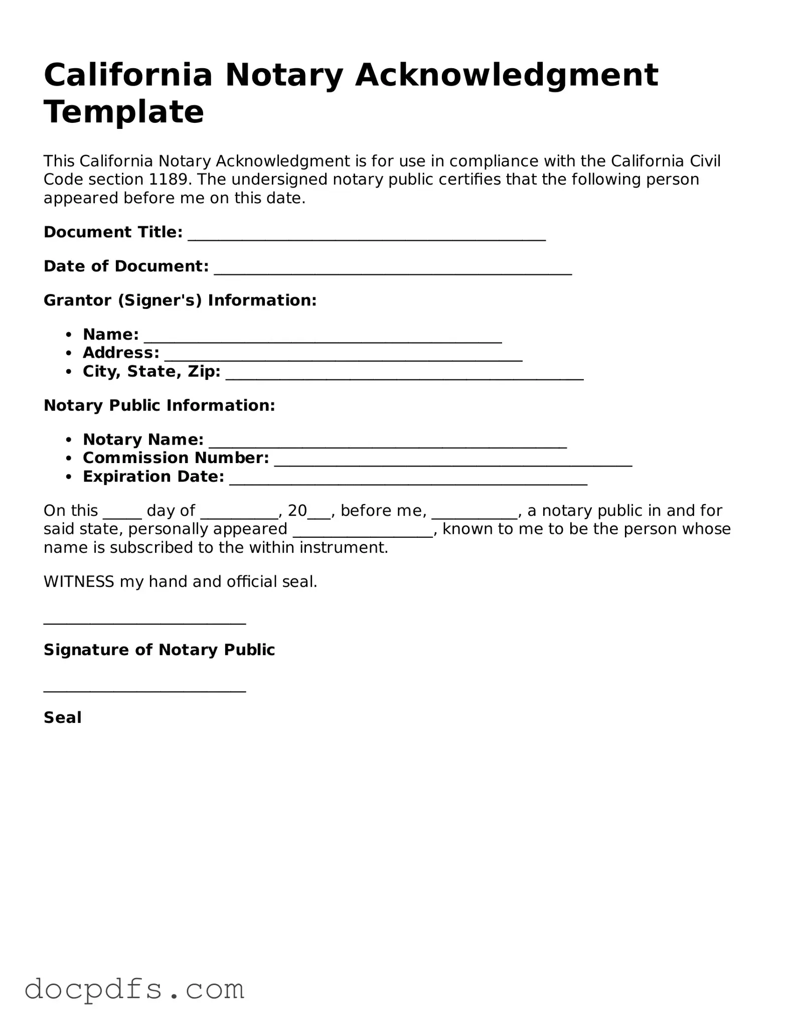 Free California Notary Acknowledgement Form