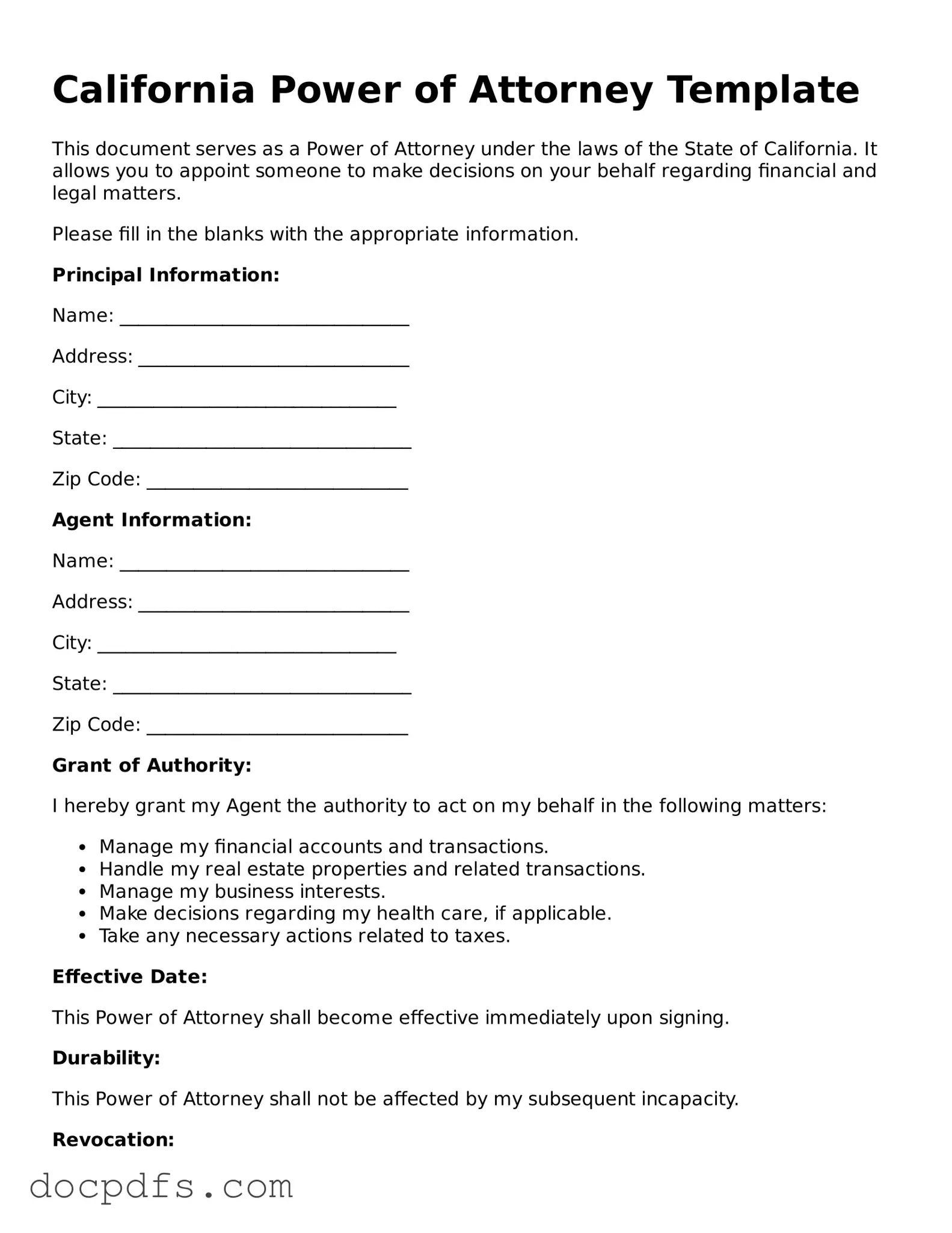 Free California Power of Attorney Form