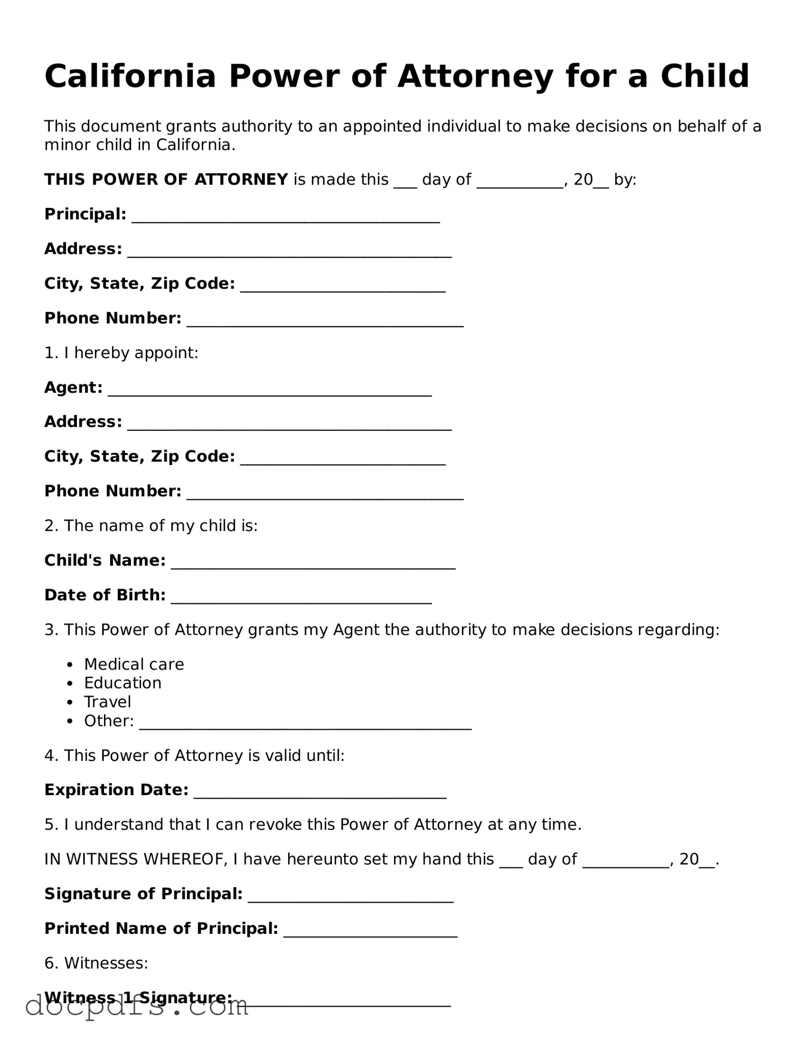 Free California Power of Attorney for a Child Form
