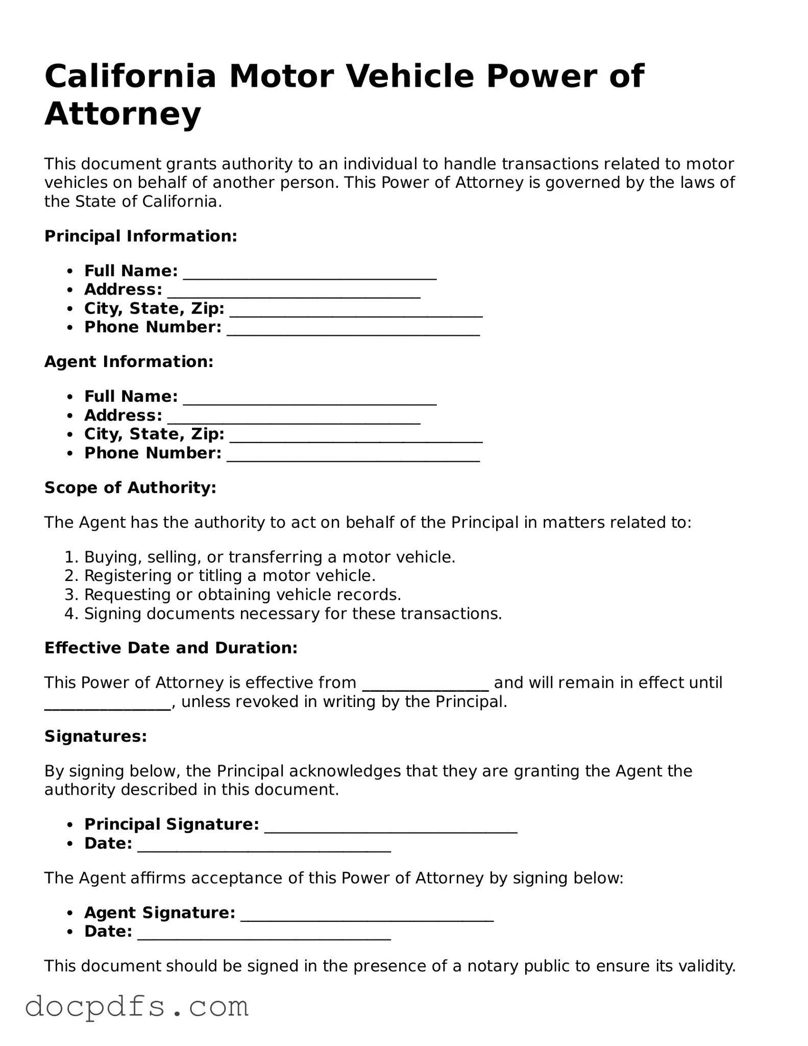 Free California Motor Vehicle Power of Attorney Form